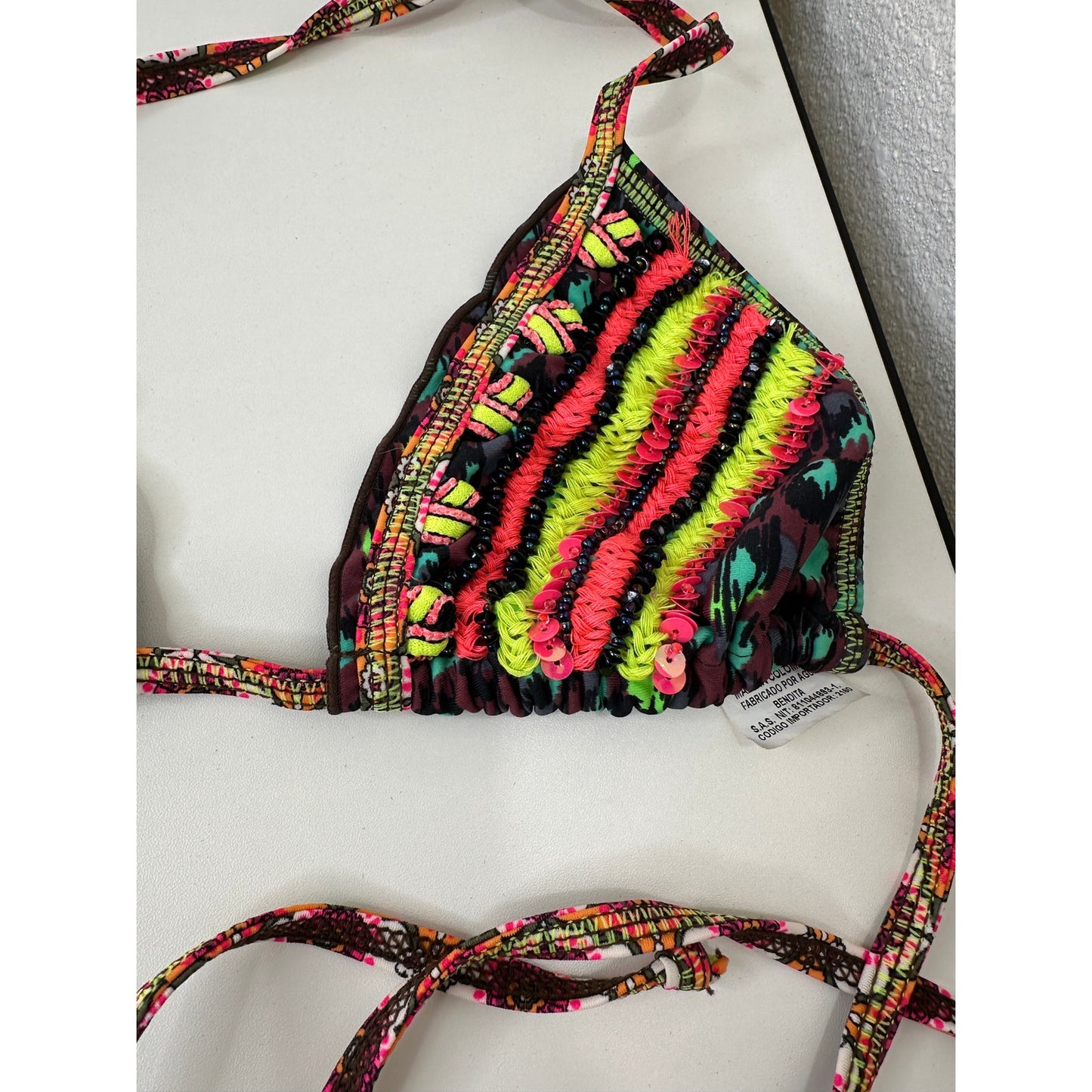 Agua Bendita Pink Multi-Color Stripe Sequin Ruffle Bikini Top & Bottom S