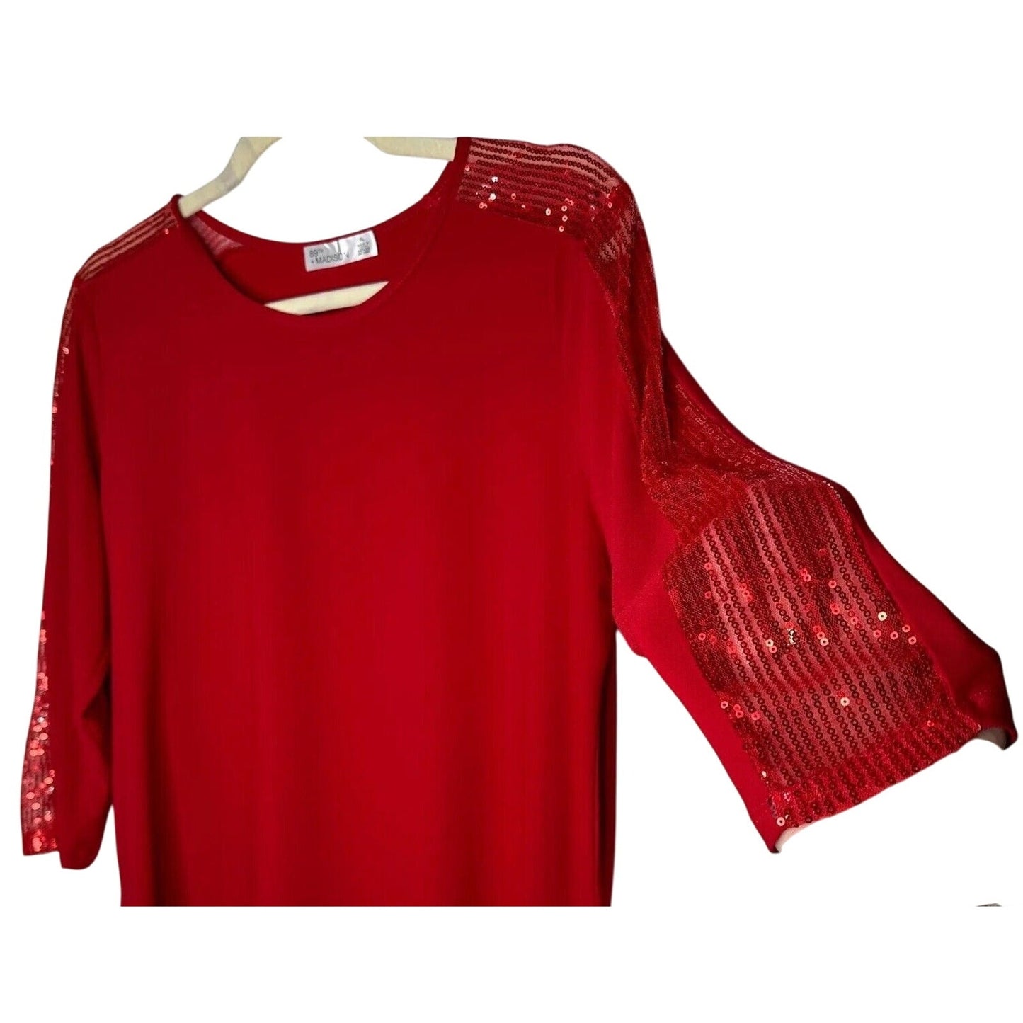89th + Madison Deep Red Round Neck 3/4 Sequin Sleeve Pullover Blouse Petit L