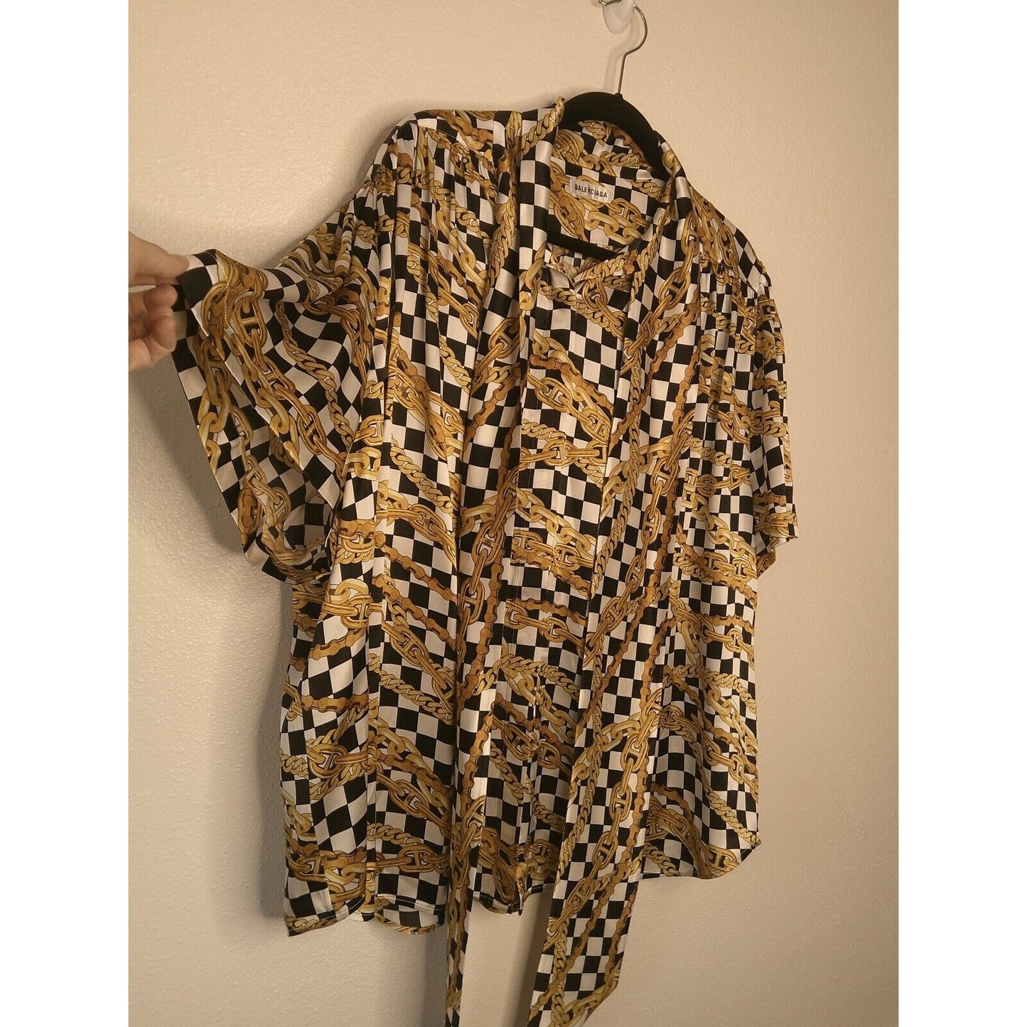 Balenciaga Black White Gold Checked Chain Print Short Sleeve Tie Neck Blouse 40
