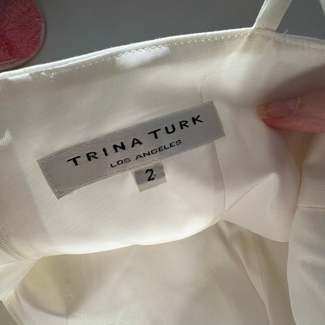 Trina Turk Cream Pleated Vneck Faux Wrap Tie Belt Dress 2