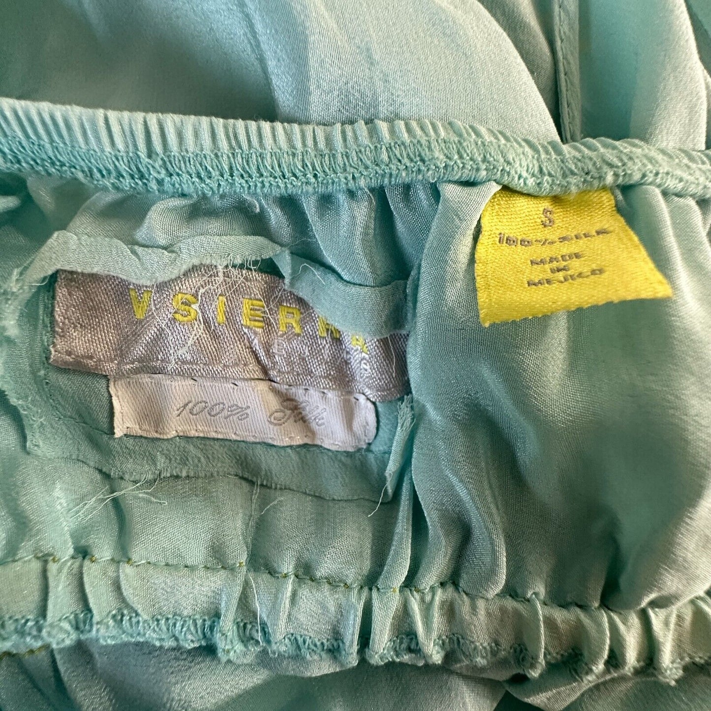 V Sierra 100% Silk Muted Aqua Spaghetti Strap V-Neck Tiered Ruffle Maxi Dress S