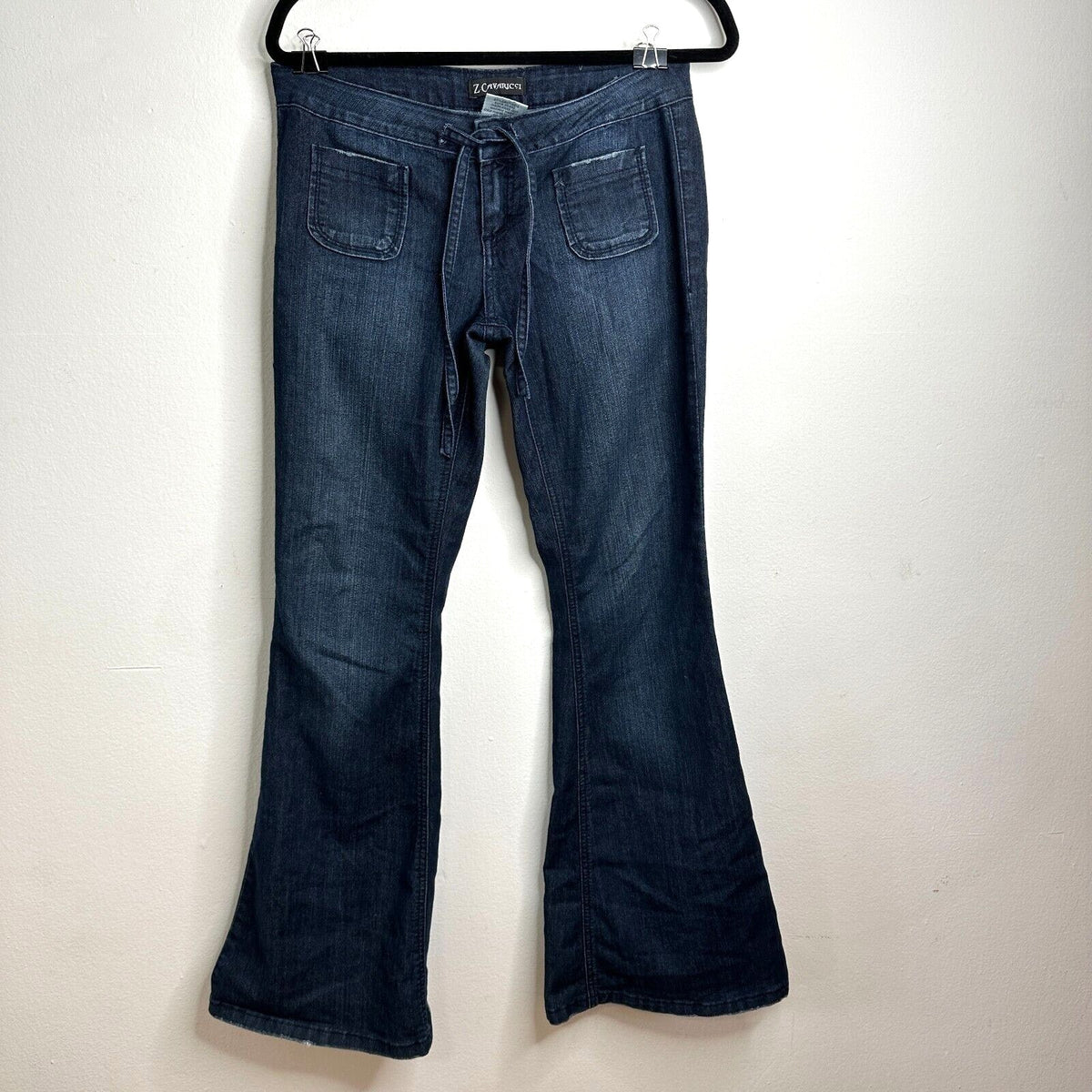 Vintage Z Cavaricci Dark Wash Low Rise Flare Front Tie Waist Jean Patch Pocket 7