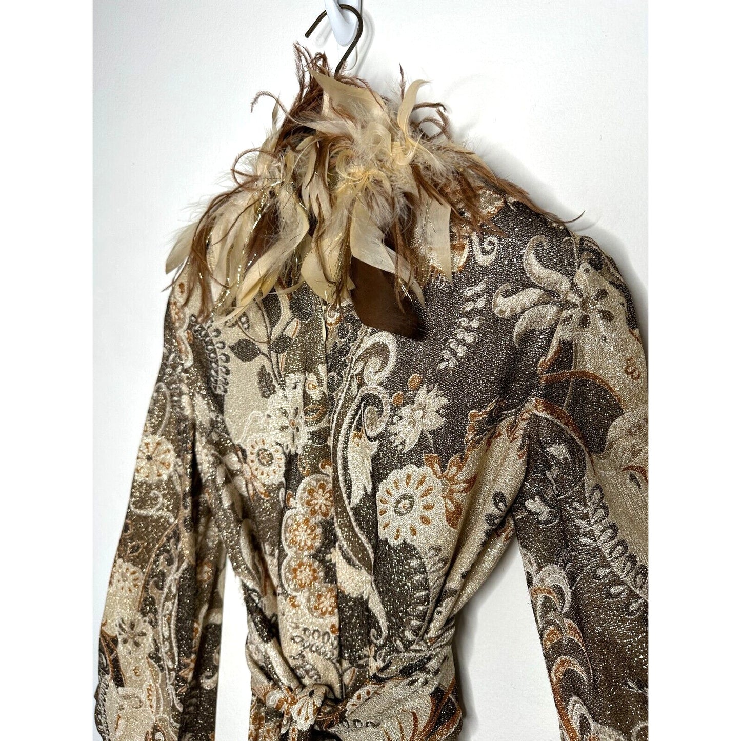 BILL BLASS Vintage 70s Couture Metallic Gold Lurex Knit Dress Ostrich Feather SM