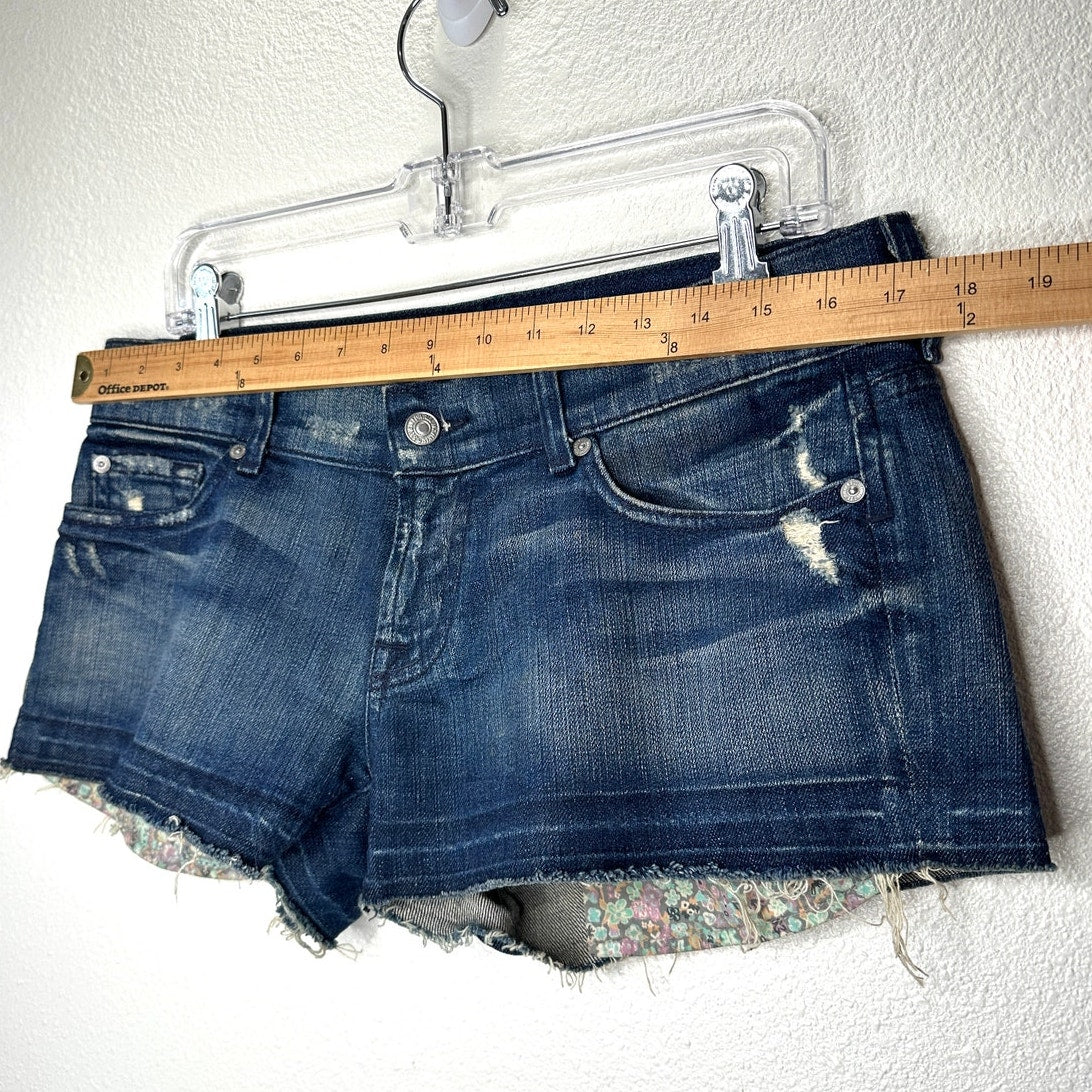 7 For All Mankind Dark Blue Distressed Low Rise Raw Hem Jean Shorts 29