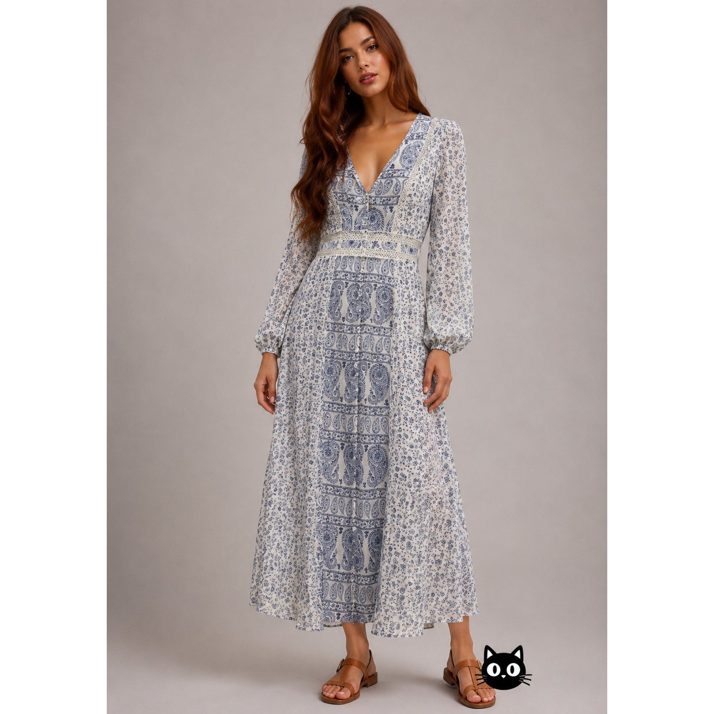 Stradivarius Off White & Blue Floral Paisley Print Long Sleeve V-Neck Maxi Dress