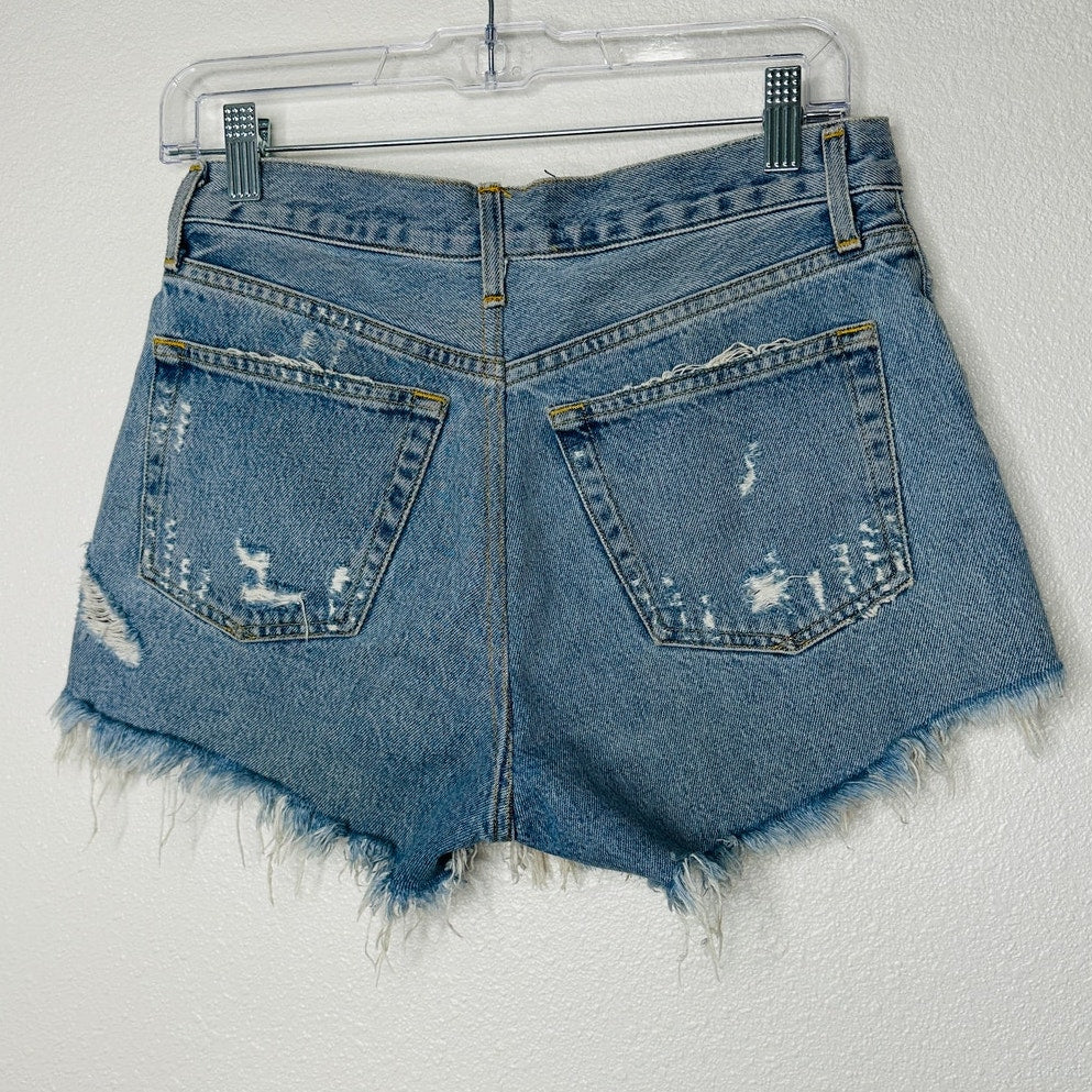 AGOLDE Medium Blue Raw Hem Distressed Button Fly Cut Off Jean Shorts 28