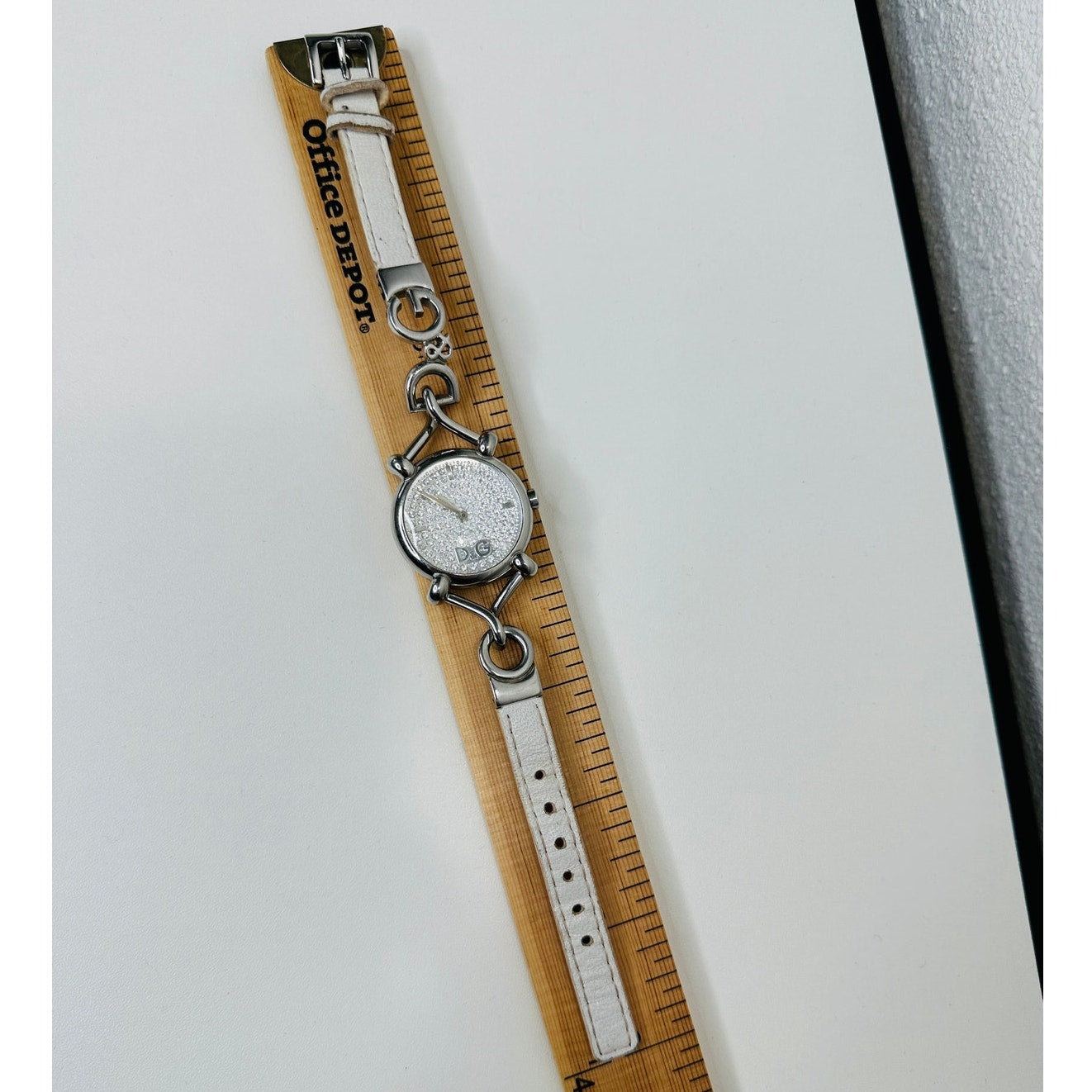 Dolce & Gabbana Ladies Silver Flock Diamante Quartz Watch White Band