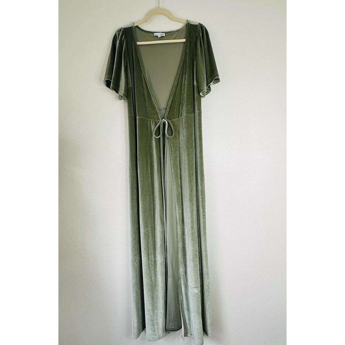 Baltic Born Light Sage Green Velour Short Flutter Sleeve Maxi Wrap Dress S