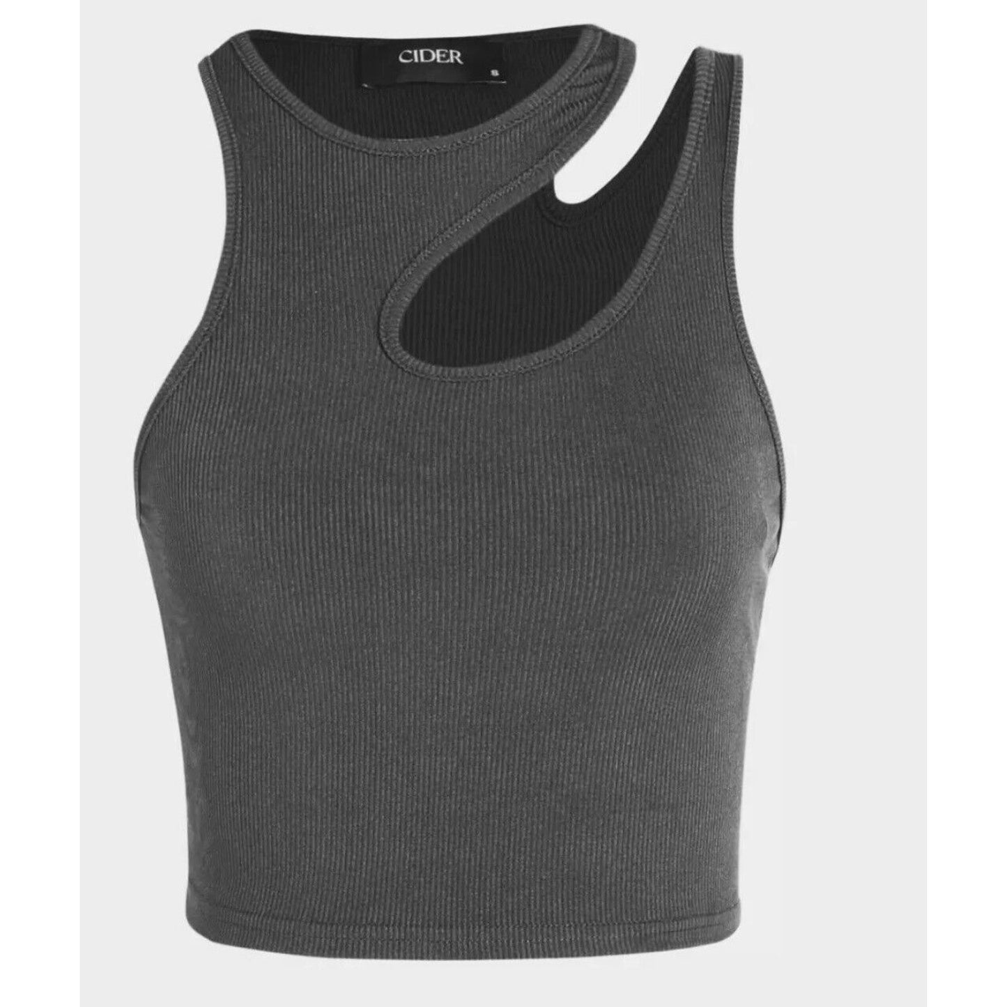 NWT Slate Gray Asymetrical High Neck Cut Out Fitted Crop Tank Top Small