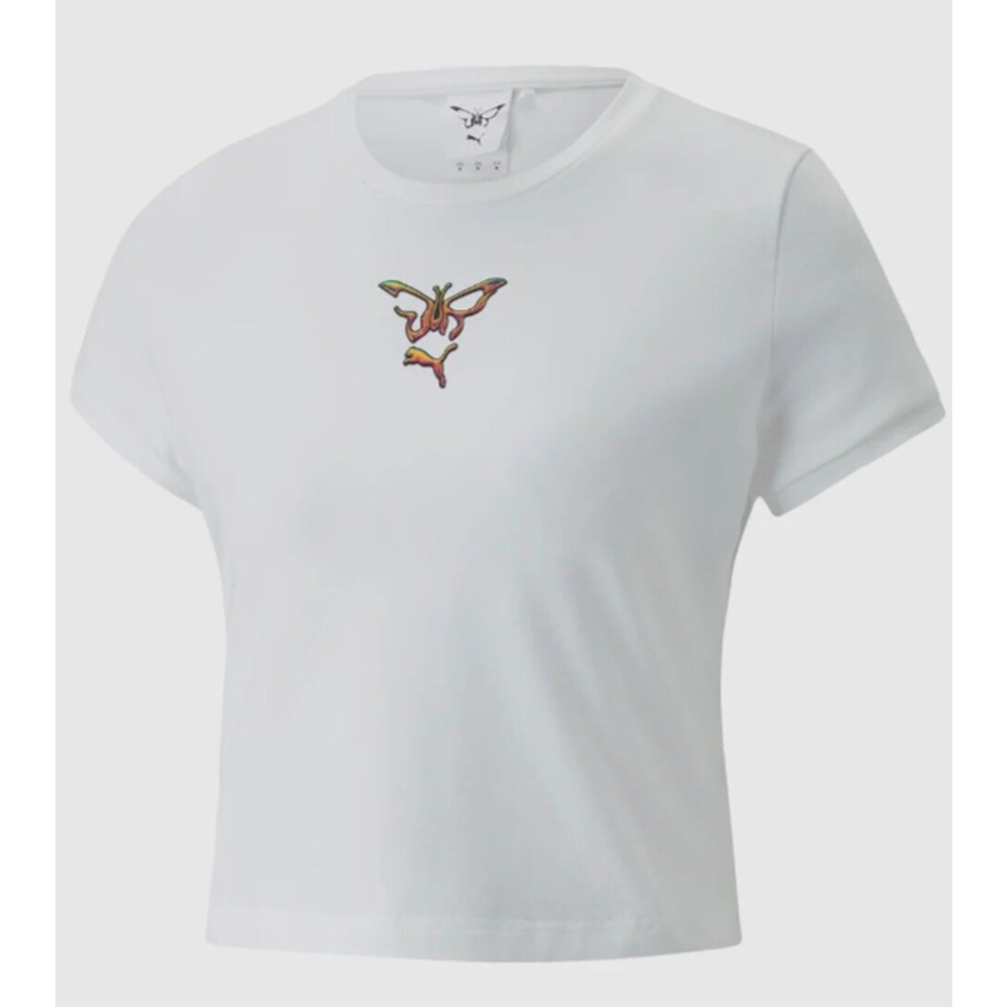 NWOT Puma X Dua Lipa White Babydoll Butterfly Puma Hologram Graphic Crop Tee SM