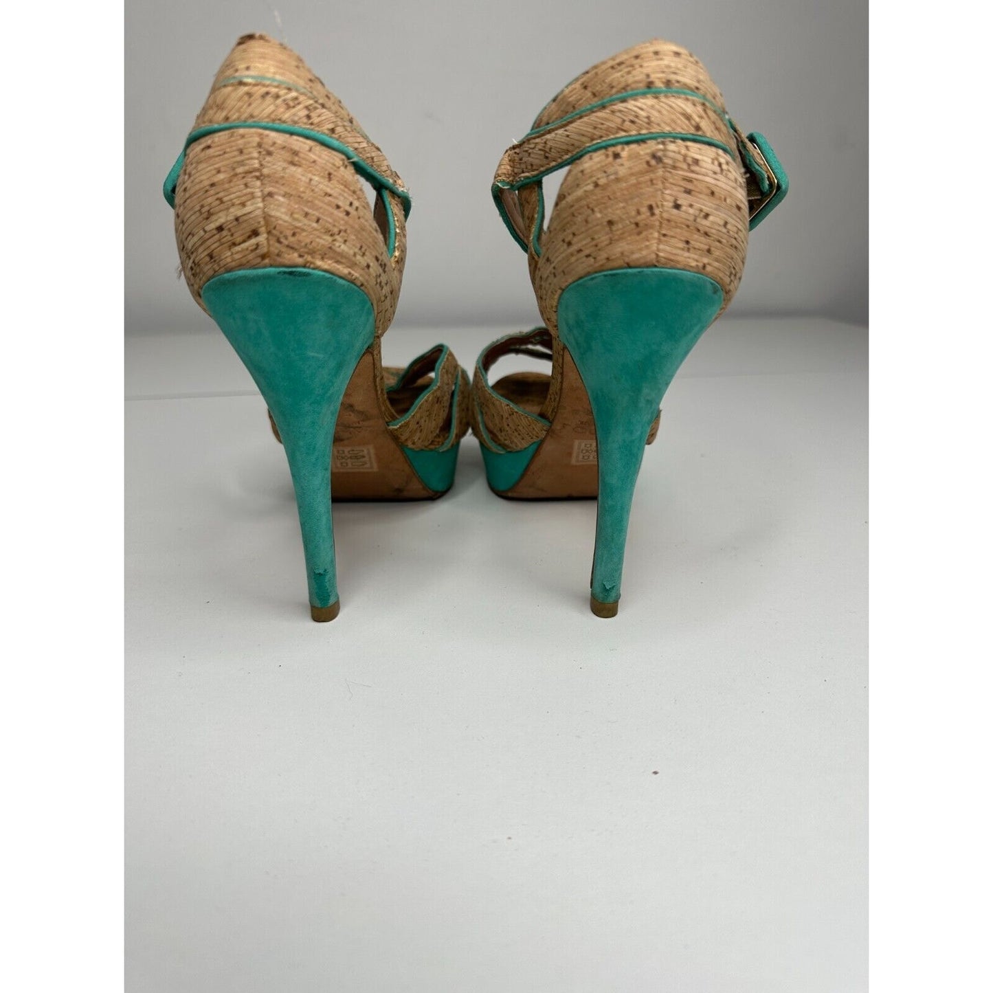 Aldo Platform Turquoise Suede & Tan Cork Stiletto Heel Ankle Strap Sandal 5.5