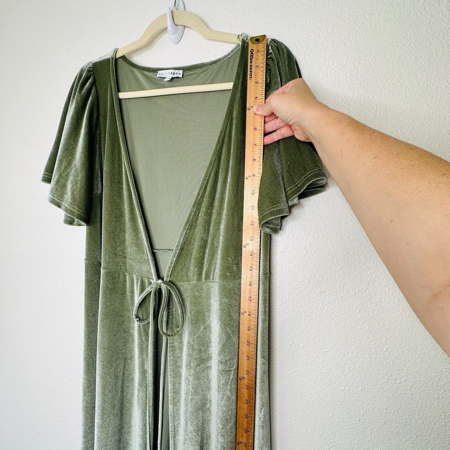 Baltic Born Light Sage Green Velour Short Flutter Sleeve Maxi Wrap Dress S