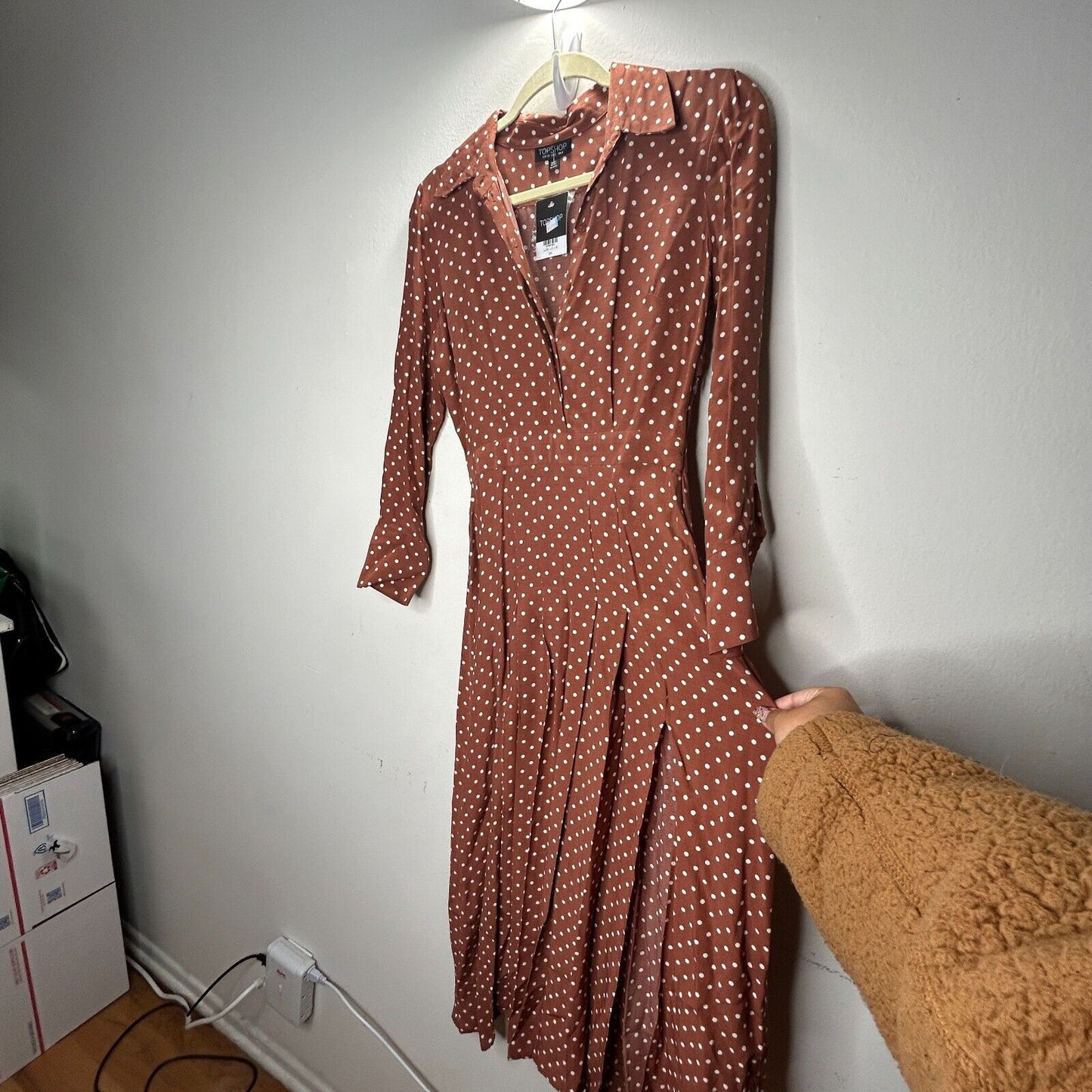 Topshop Brown Cream Polka-Dot 3/4 Sleeve Front Button Pleated Slit Maxi Dress 2
