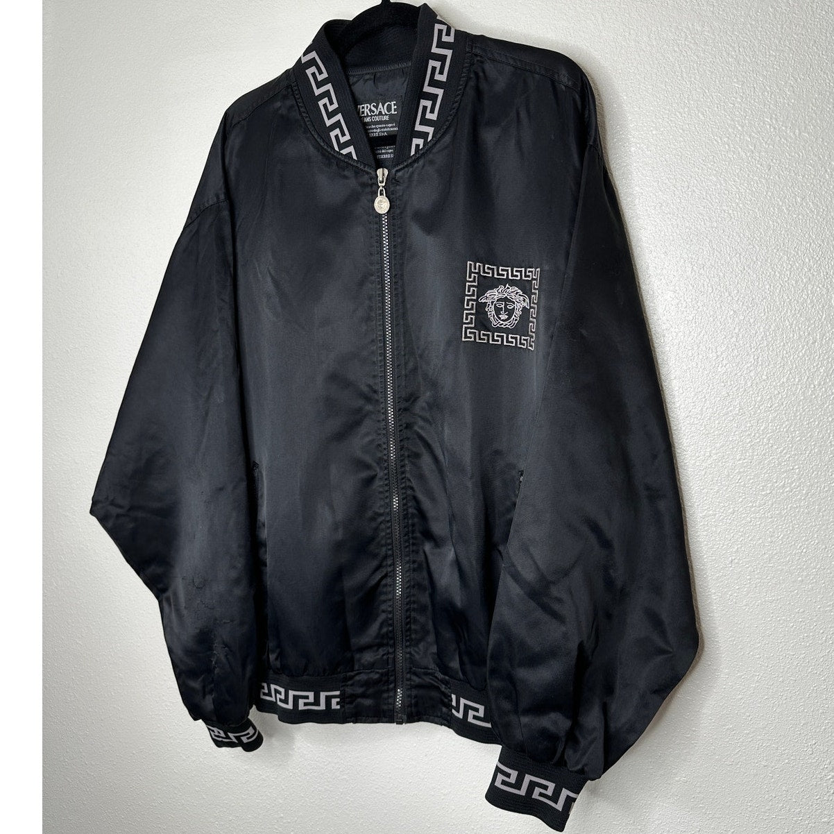Versace Jeans Medusa Black Silver Embroidered Logo Long Sleeve Zip Bomber Jacket