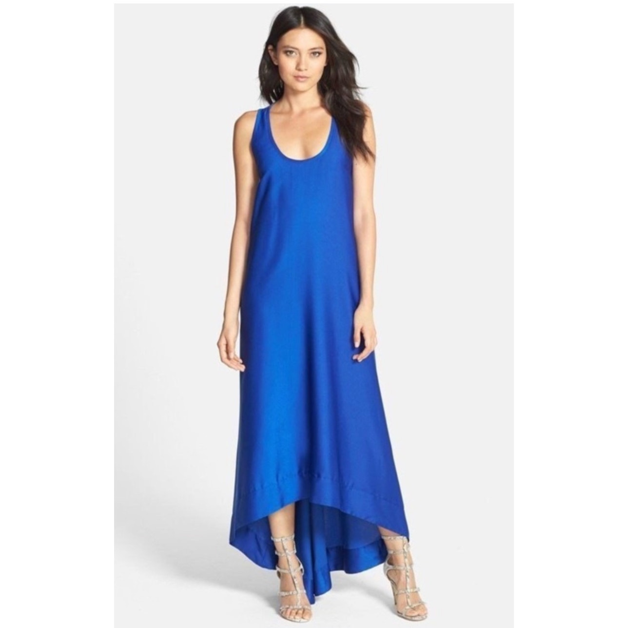 BCBGMAXAZRIA Royal Blue Gia Strappy Sleeveless High Low Midi Dress 4