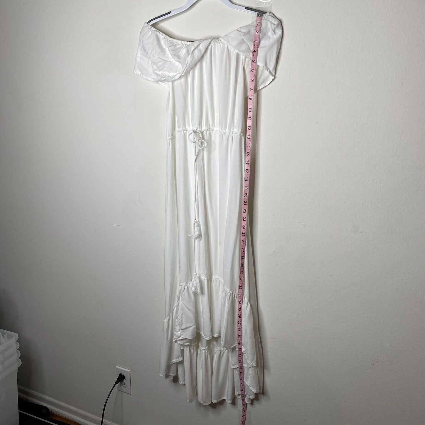 Aqua White Off-Shoulder Flowy Boho Dress Tiered Ruffle Empire Tie Waist Maxi Med