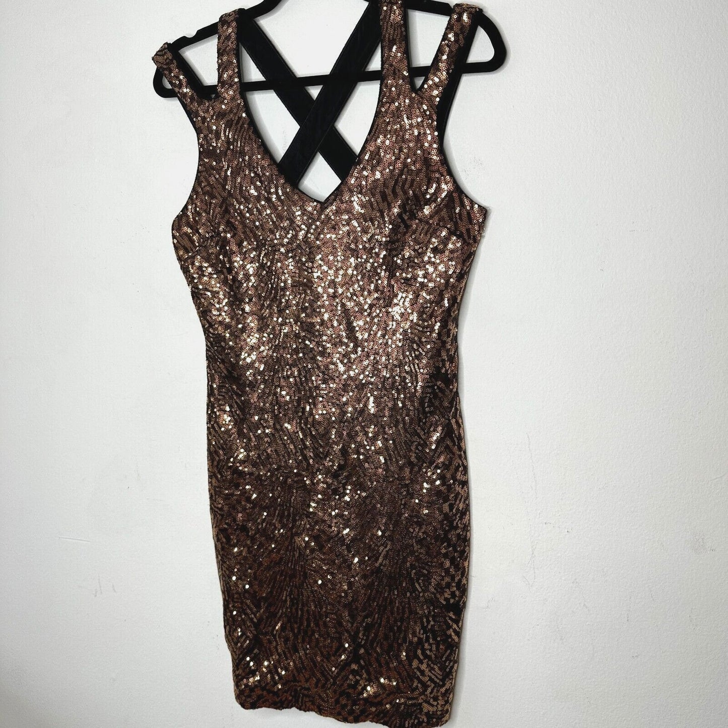 Bebe Copper Bronze Metallic Sequin Strappy Mini Dress Criss Cross Back Zip M