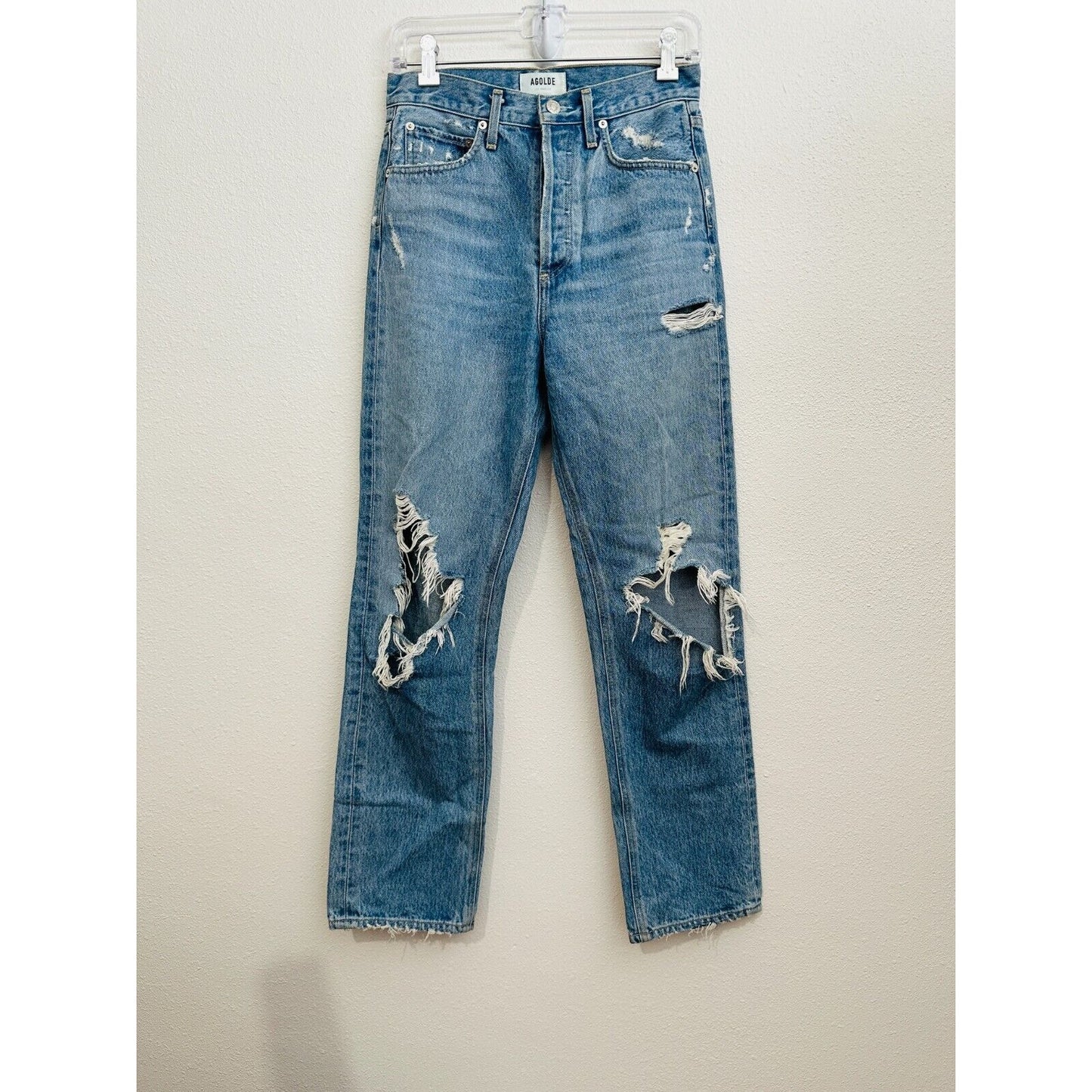 Agolde 90s Medium Wash Mid Rise Button Fly Straight Loose Distressed Jeans 24
