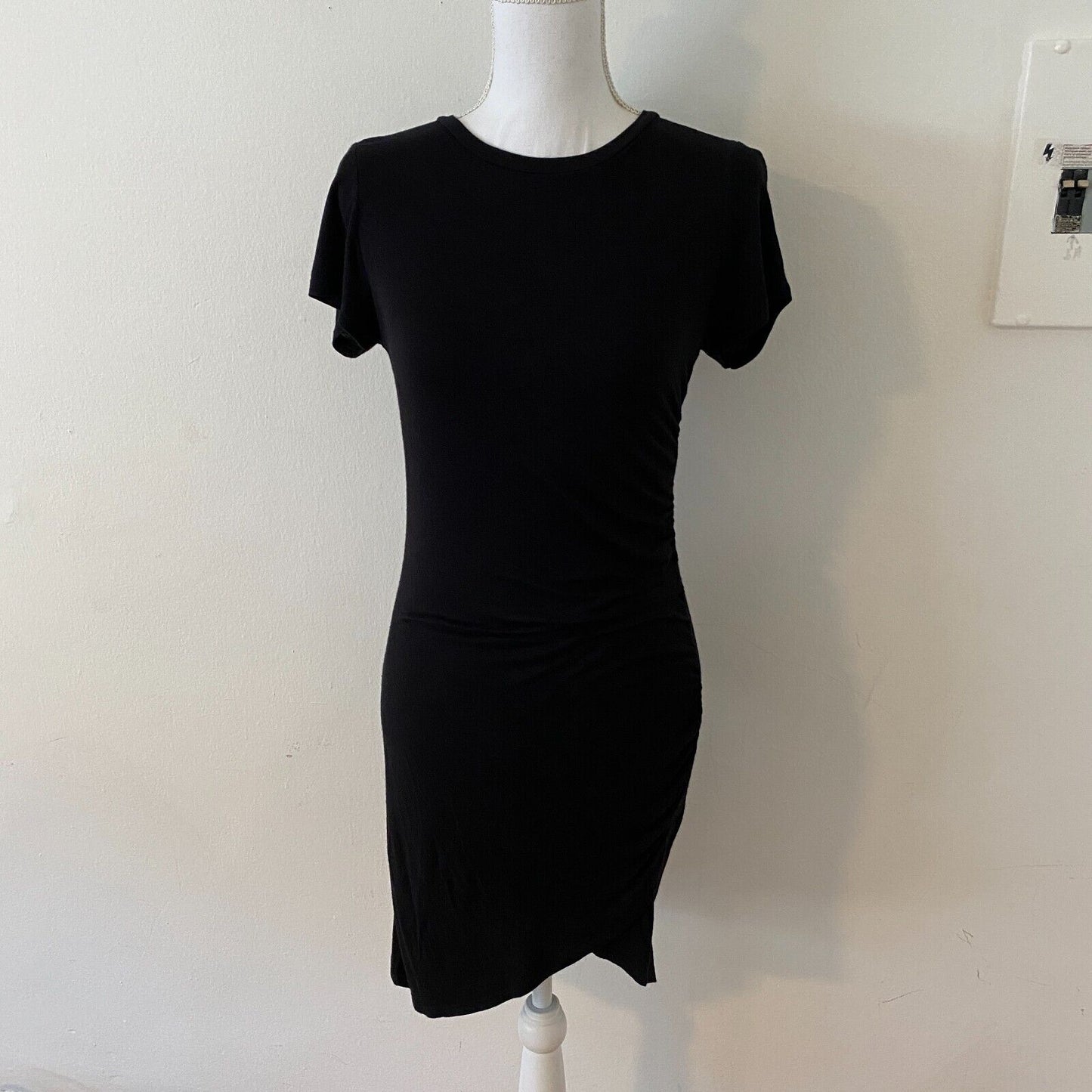 Alya Cute Black Bodycon Stretchy TShirt LBD Dress Asymmetrical Ruched Side Large