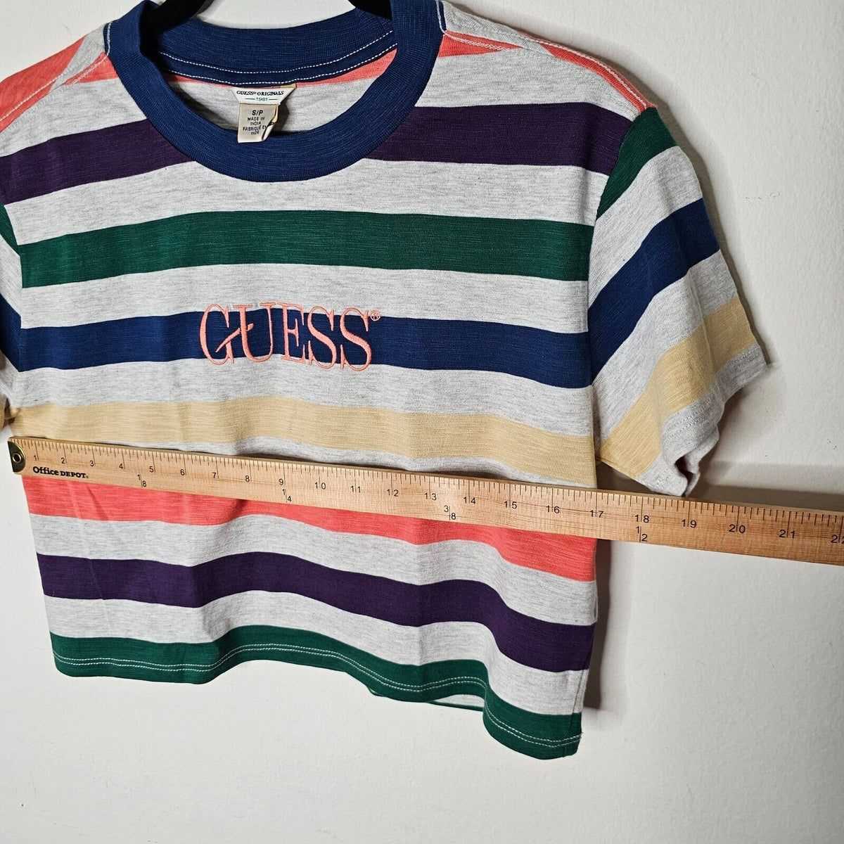 Guess Originals 1981 Gray Multi-Color Stripe Short Sleeve Crop Guess Logo SP