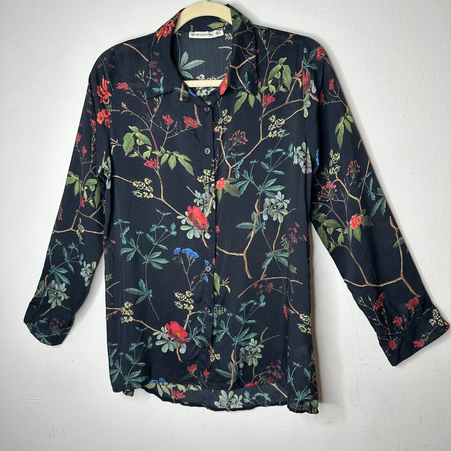 H&K Collection Botanical Floral Black Pink Blue Green Button Up Lightweight Top