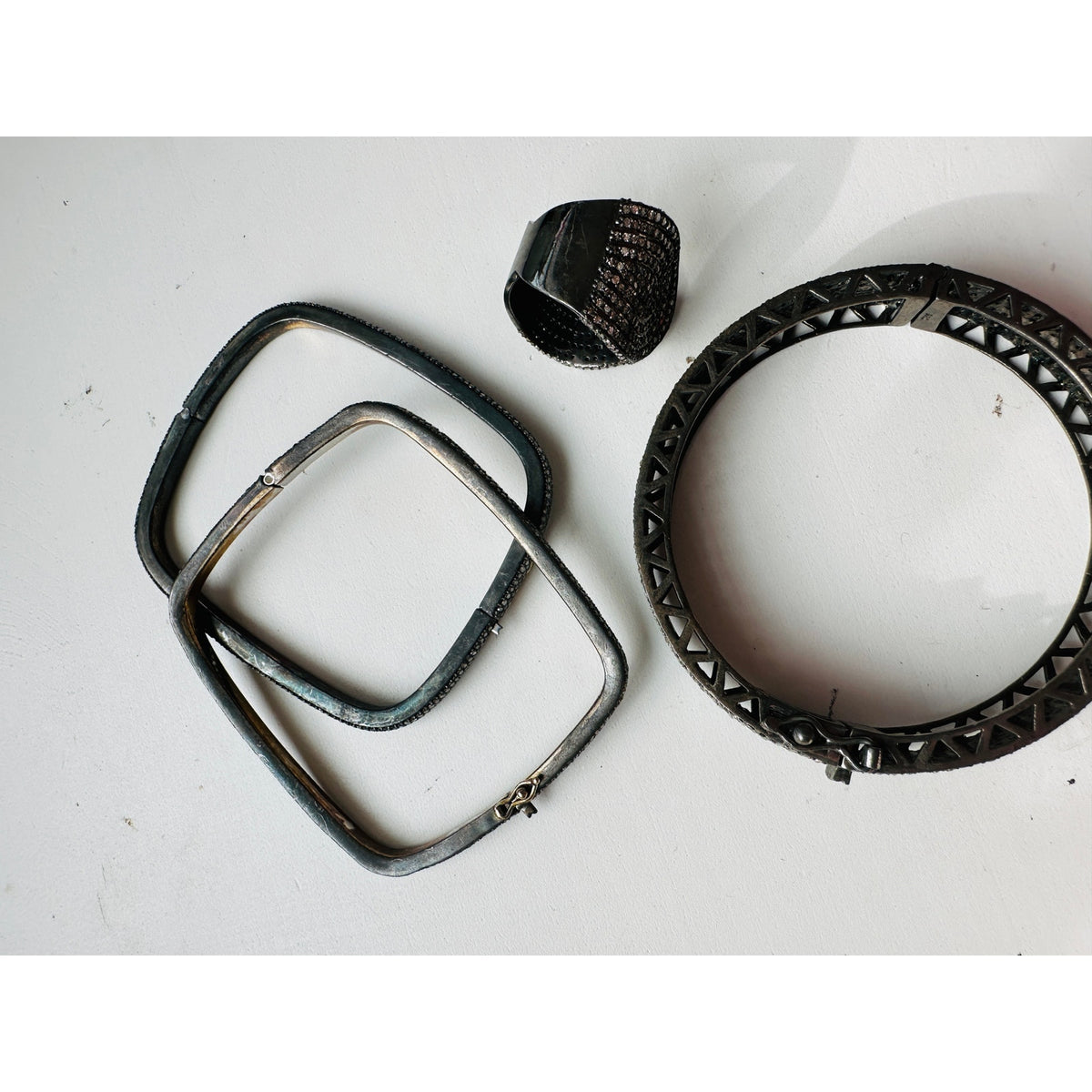 Gunmetal Gray Rhinestone Bangle & Square Bracelets with Matching Ring