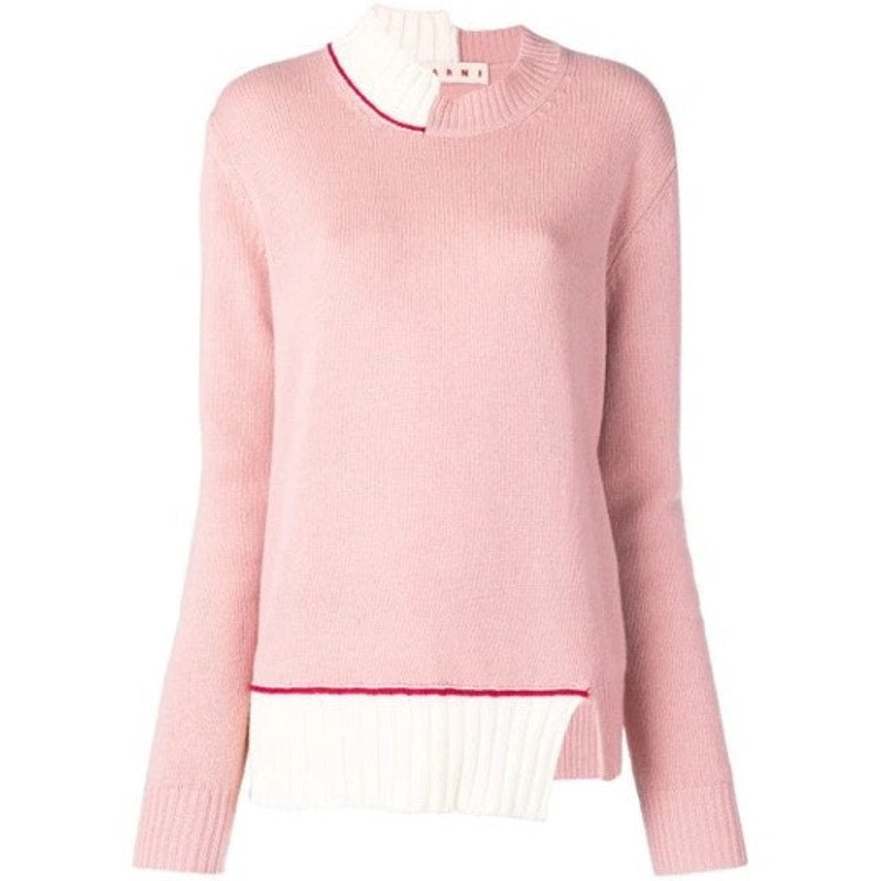 Marni Pink Cream Red Asymmetrical Neck & Hem Long Sleeve Sweater 46 / 10