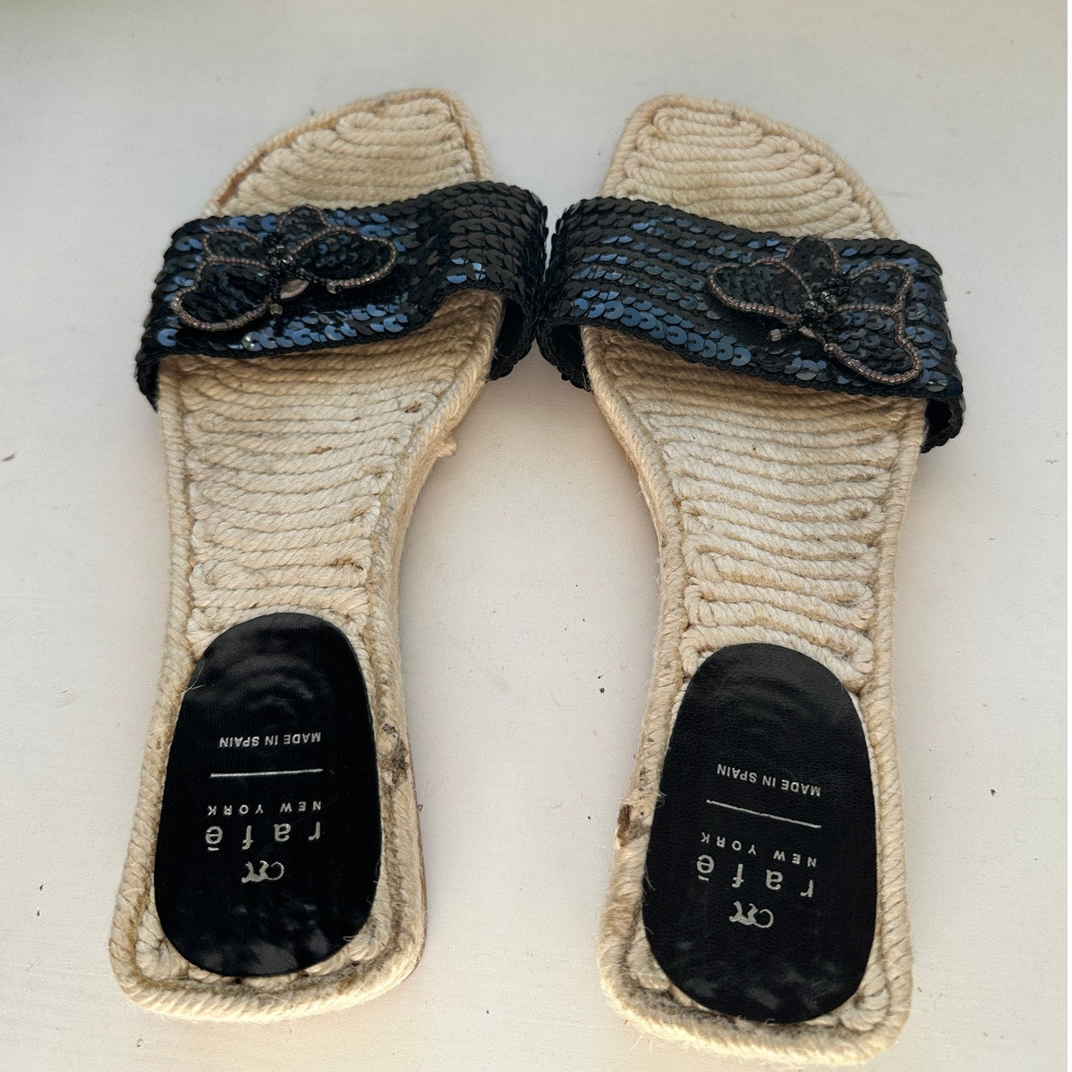 Rafe New York Black Sequin Butterfly Espadrille Slide Sandal Shoes 38 / 7.5
