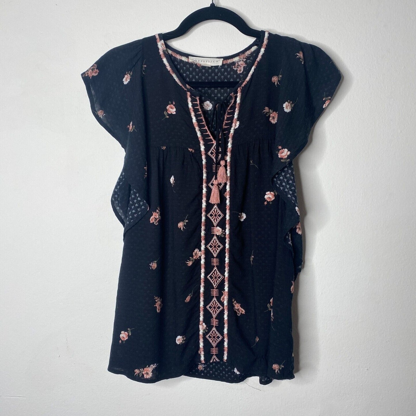 Lovestitch Black Pink White Floral Aztec Front Tie Side Ruffle Sleeveless Top SM