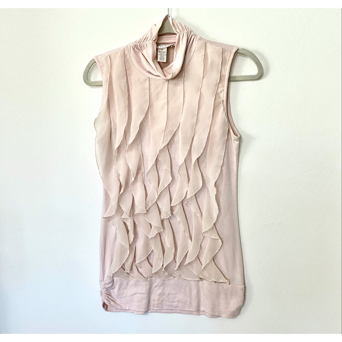 Kenar Blush Light Pink Sleeveless Victorian Ruffle Front Mock Neck Blouse Small