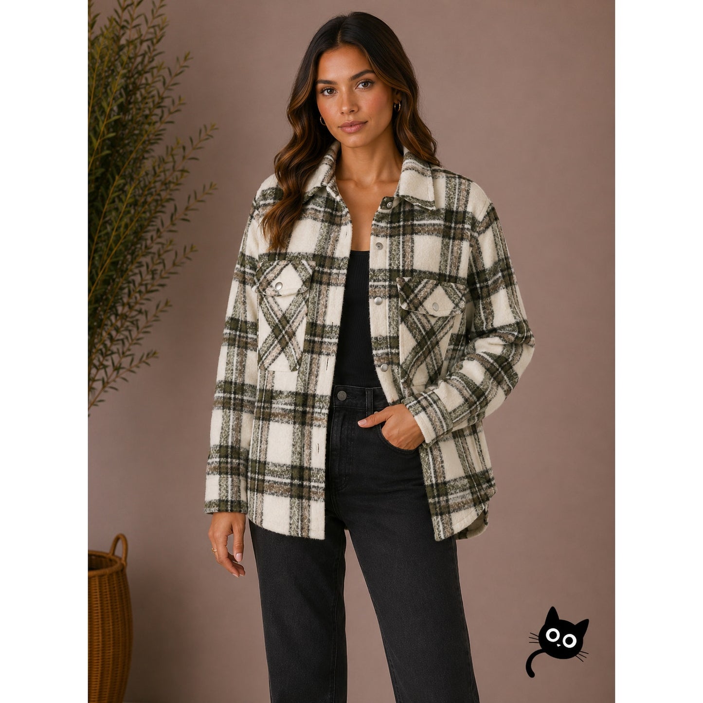 Blank NYC Cream Brown Plaid Snap Button Collared Shacket S