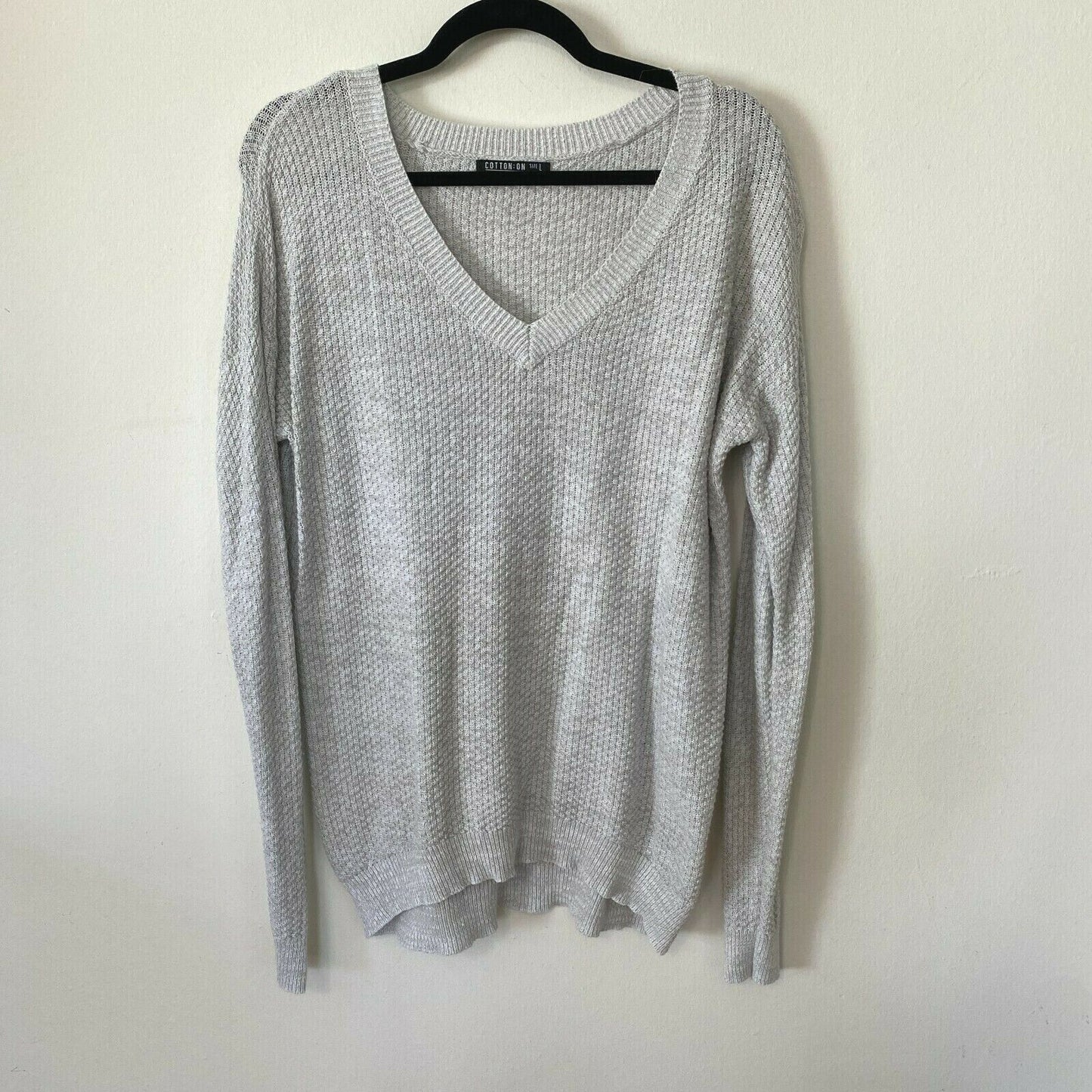 Cotton On Gray V-Neck Light Weight Knit Long Line Banded Sweater Jumper Large