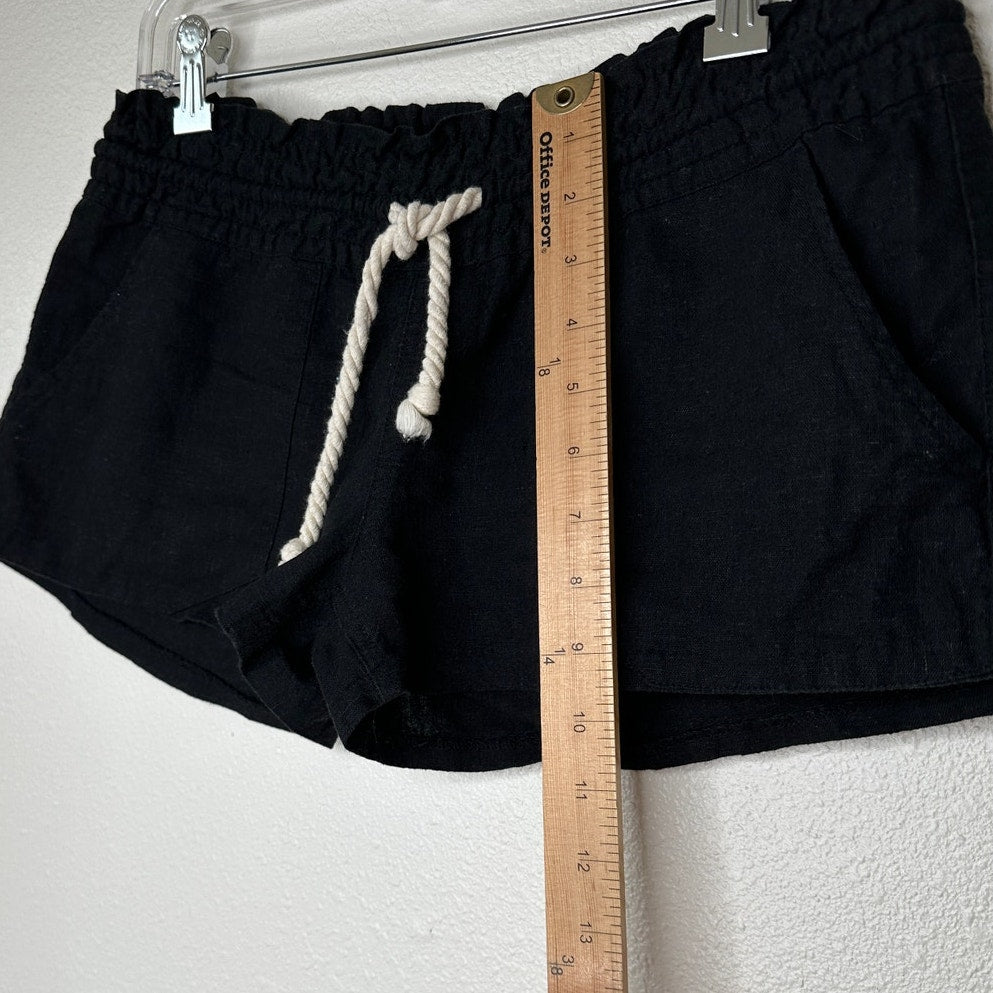 Roxy Oceanside Black Linen Elasticized Cream Rope Tie Shorts M