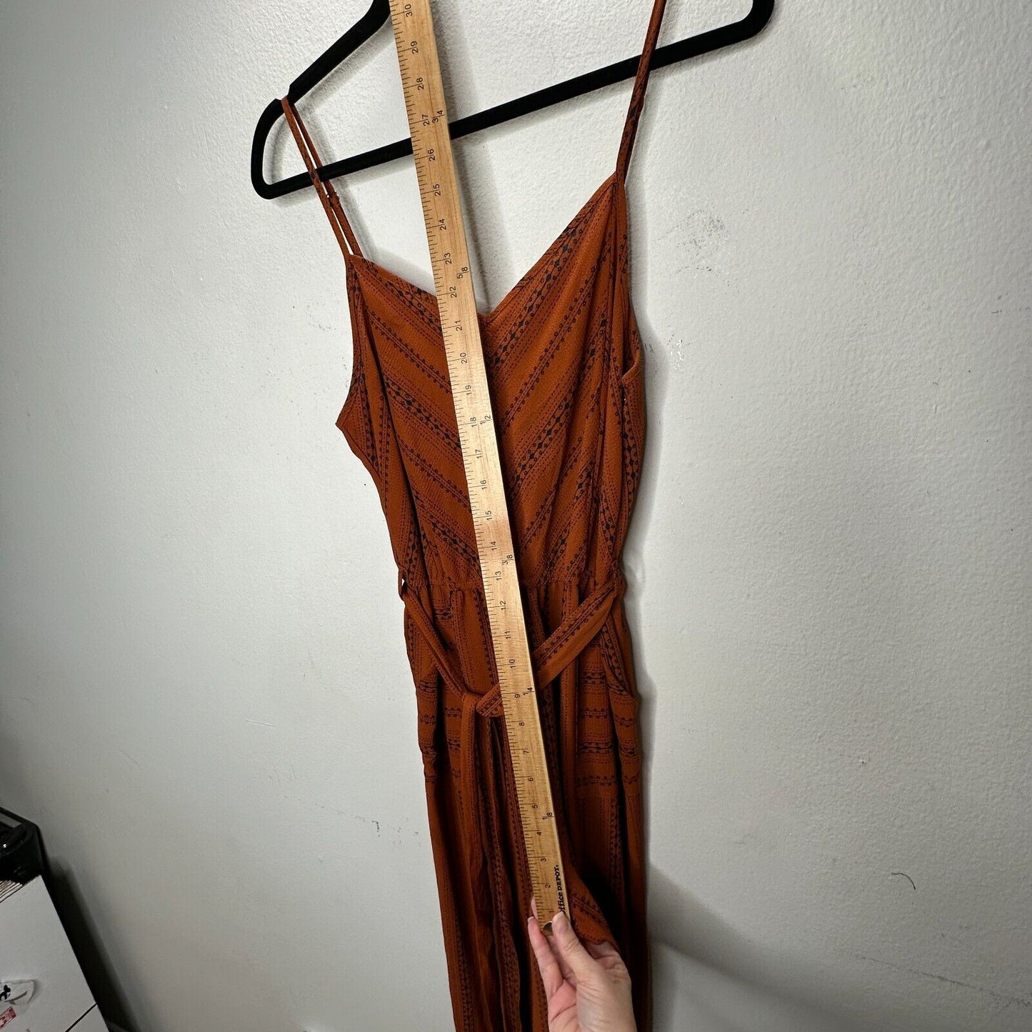 E & M Rust & Black Aztec Print V-Neck Spaghetti Strap Pockets Tie Waist Jumpsuit