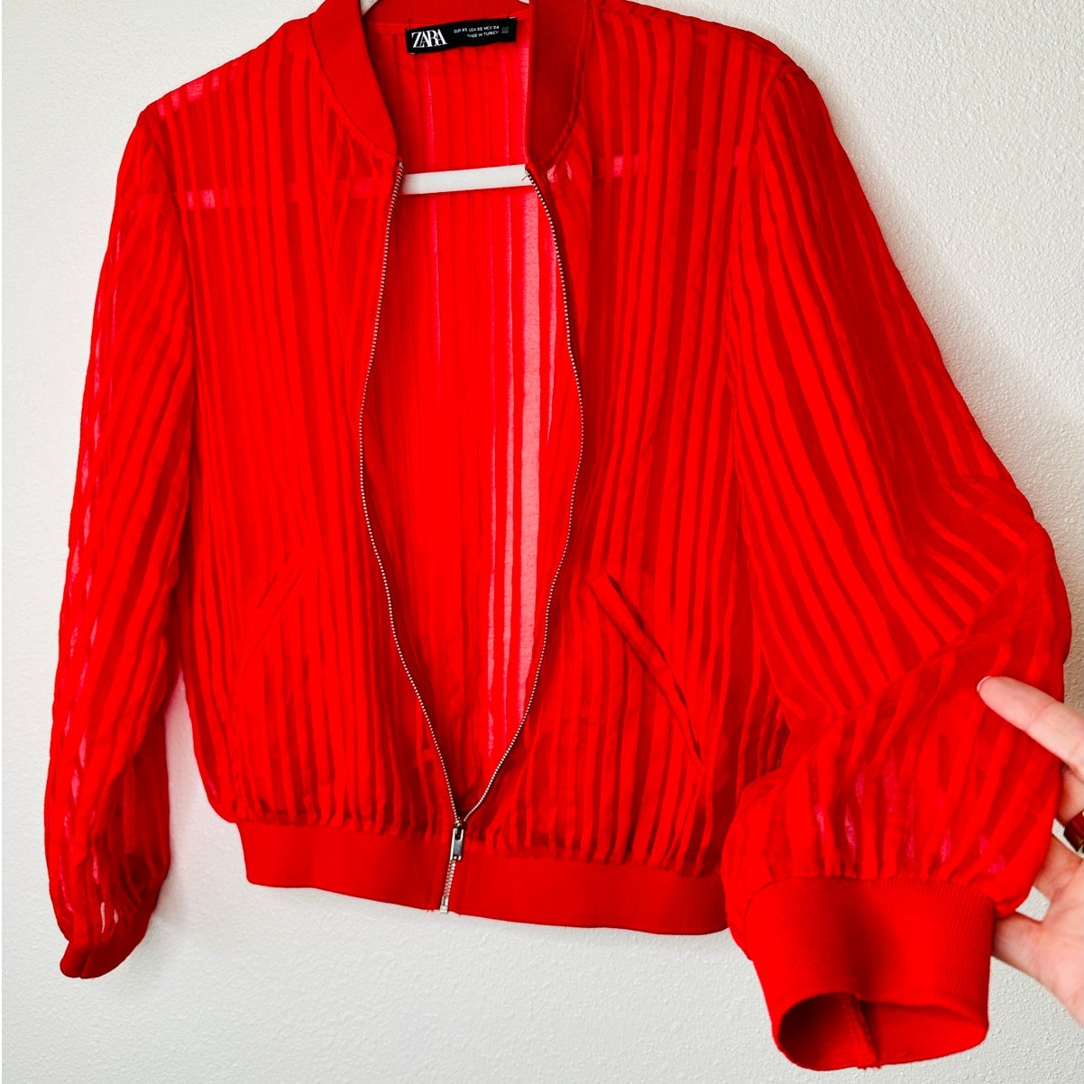 Zara Red Organza Sheer Striped Bomber Jacket Front Zip XS
