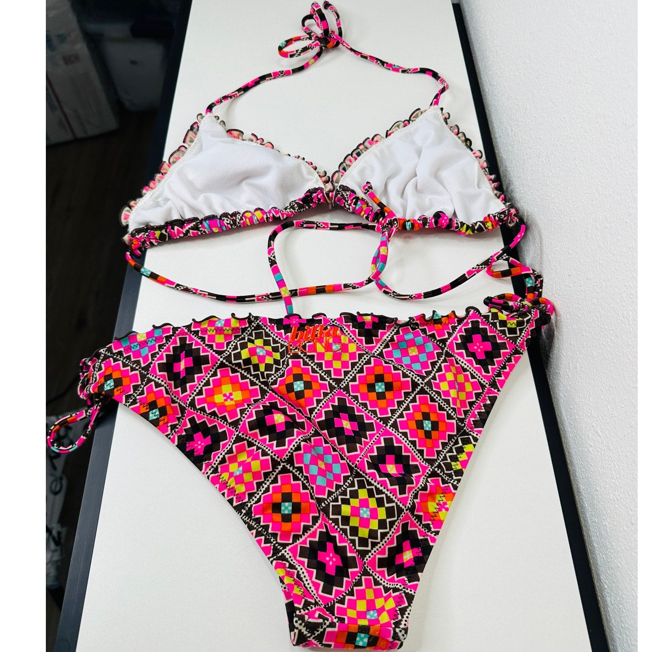 BIllabong Brown Pink Yellow Multi Print Ruched Ruffle Trim Bikini L