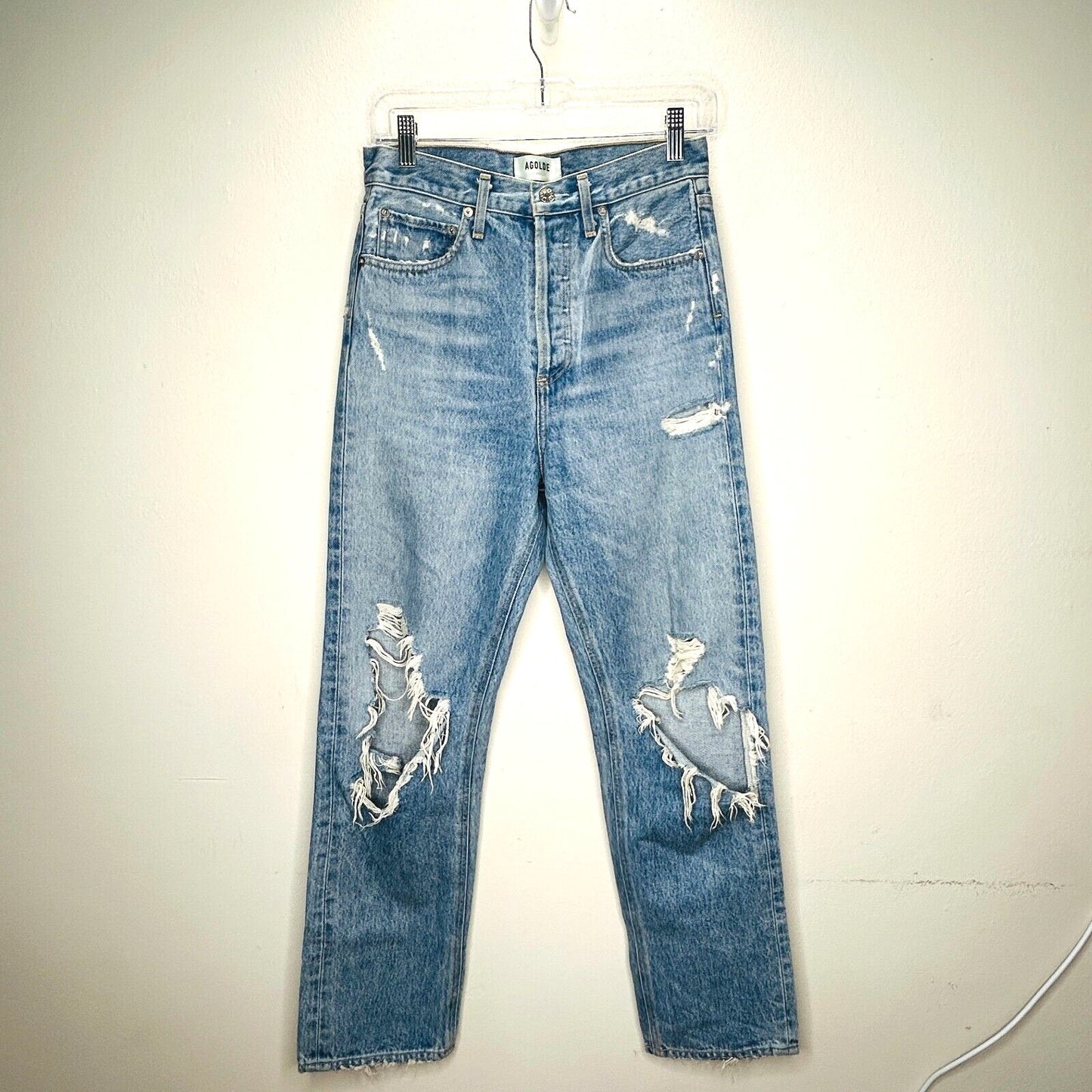 Agolde 90s Medium Wash Mid Rise Button Fly Straight Loose Distressed Jeans 24