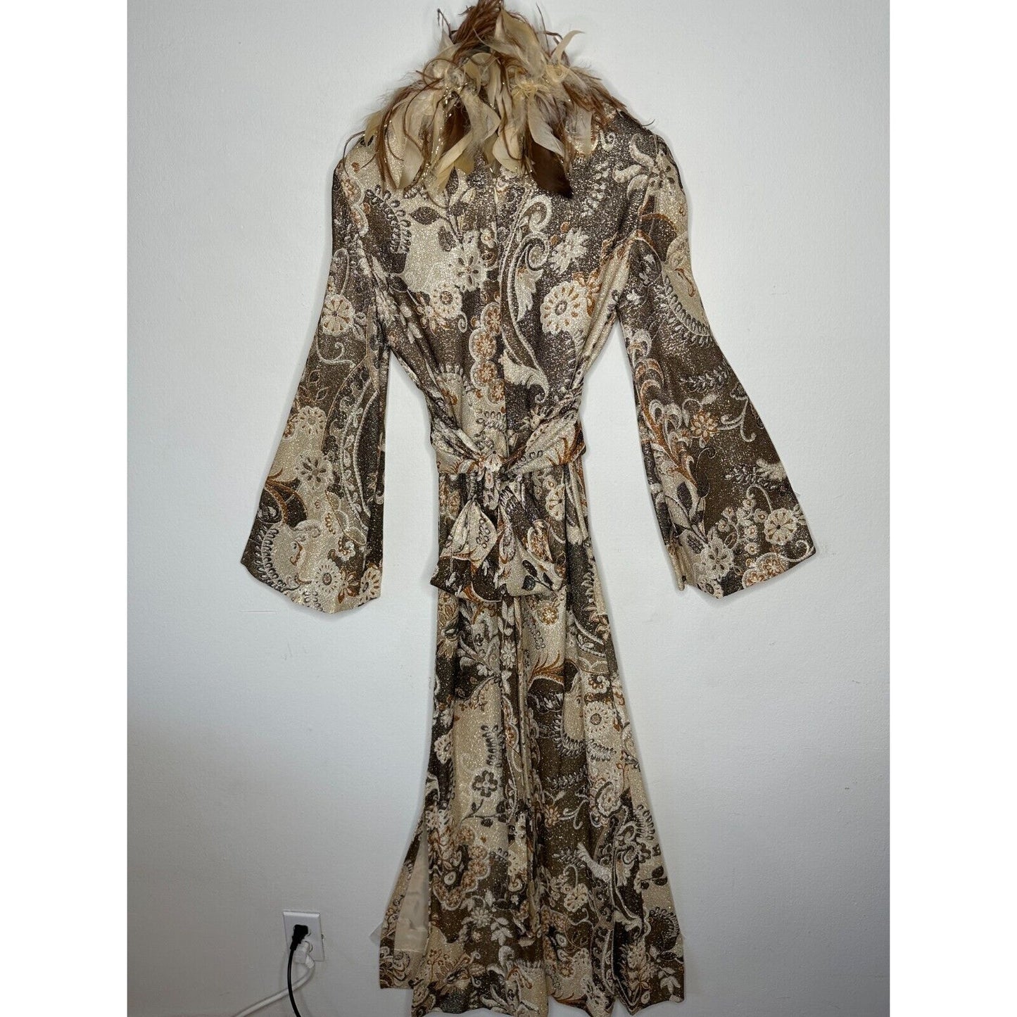 BILL BLASS Vintage 70s Couture Metallic Gold Lurex Knit Dress Ostrich Feather SM