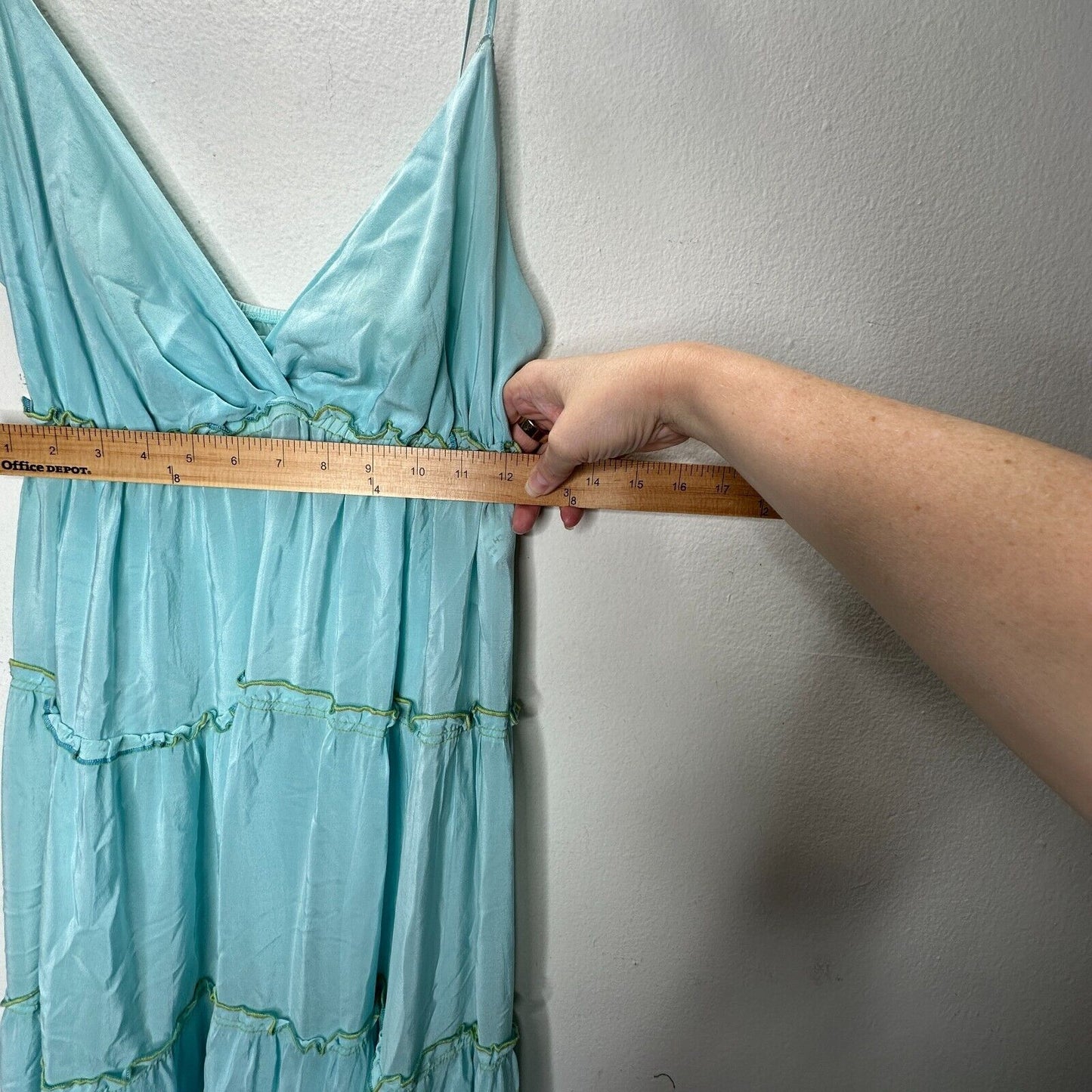V Sierra 100% Silk Muted Aqua Spaghetti Strap V-Neck Tiered Ruffle Maxi Dress S