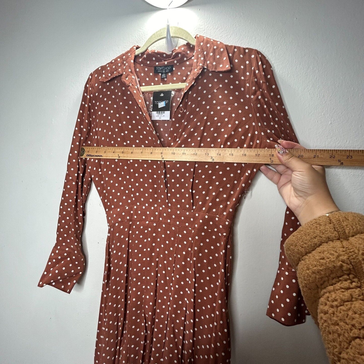 Topshop Brown Cream Polka-Dot 3/4 Sleeve Front Button Pleated Slit Maxi Dress 2