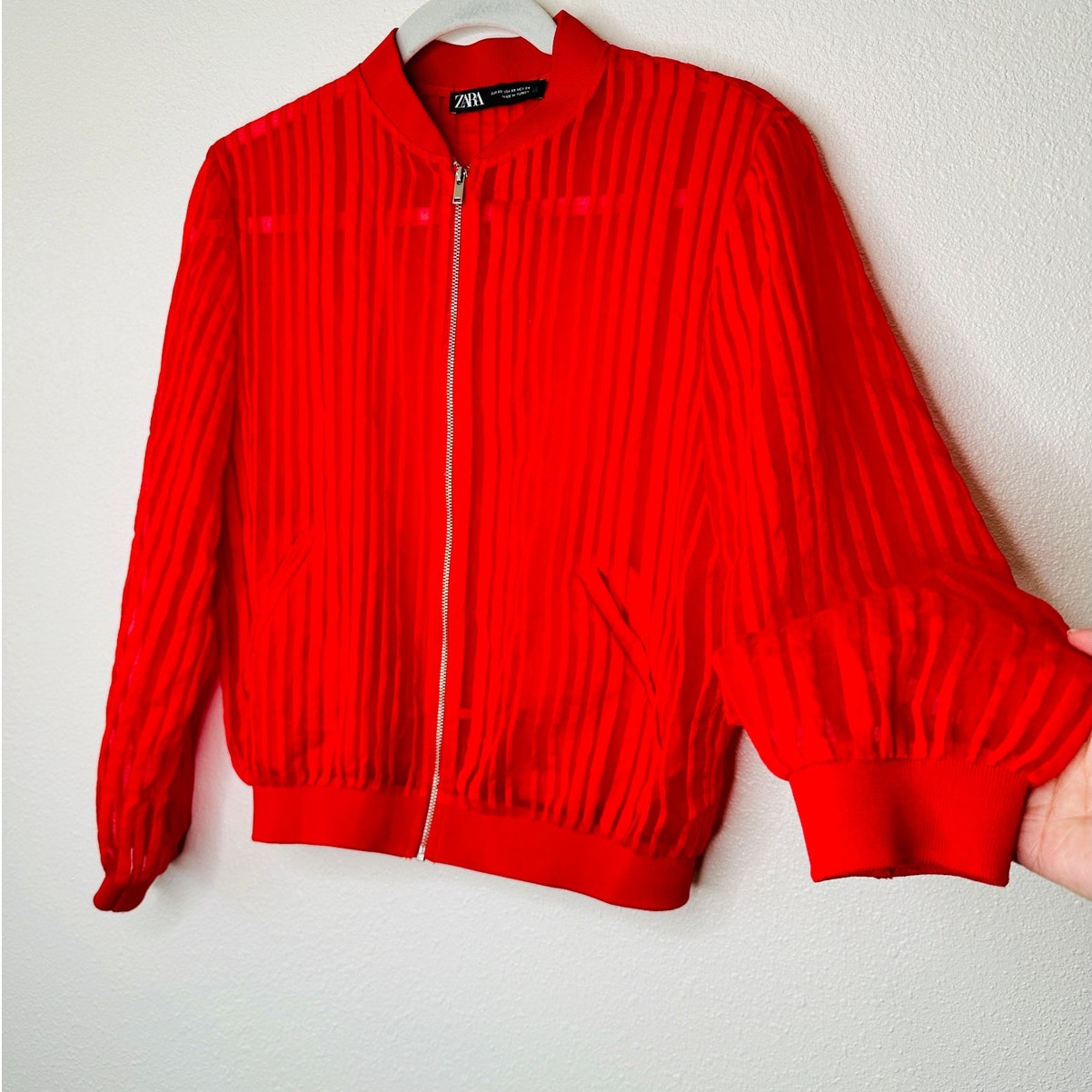 Zara Red Organza Sheer Striped Bomber Jacket Front Zip XS