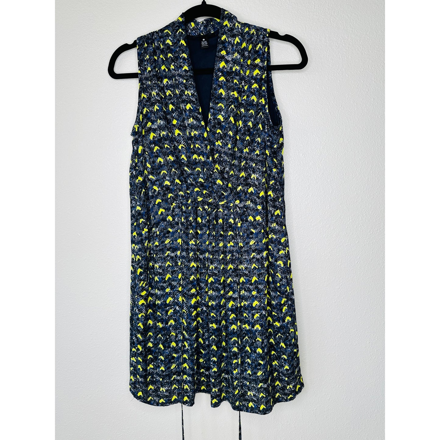 Aqua Florescent Yellow Blue Gray Print Faux Wrap Dress XS