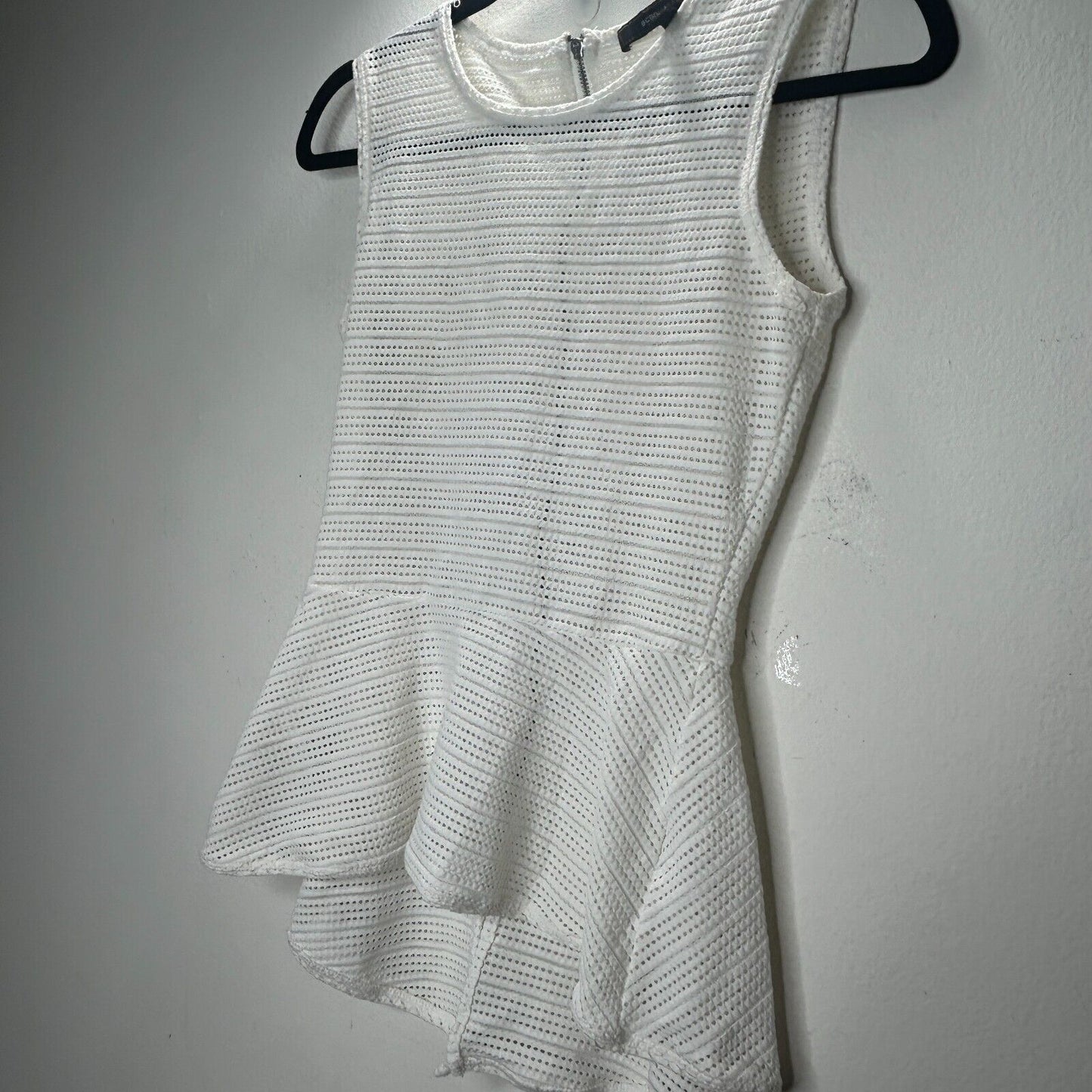 BCBGMAXAZARIA Evia Peplum White Laser Cut High Neck Sleeveless Back Zip Top XS
