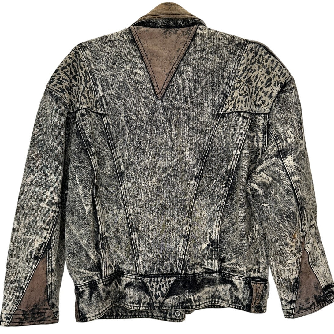 Winlit Vintage Tan Black Suede & Denim Acid Wash Animal Print Biker Jacket S