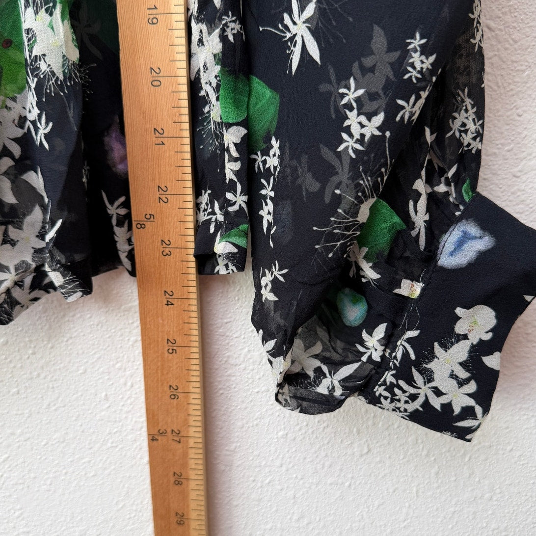 Isolda Silk Floral Tie Neck Sheer Blouse Black Green Women's US M