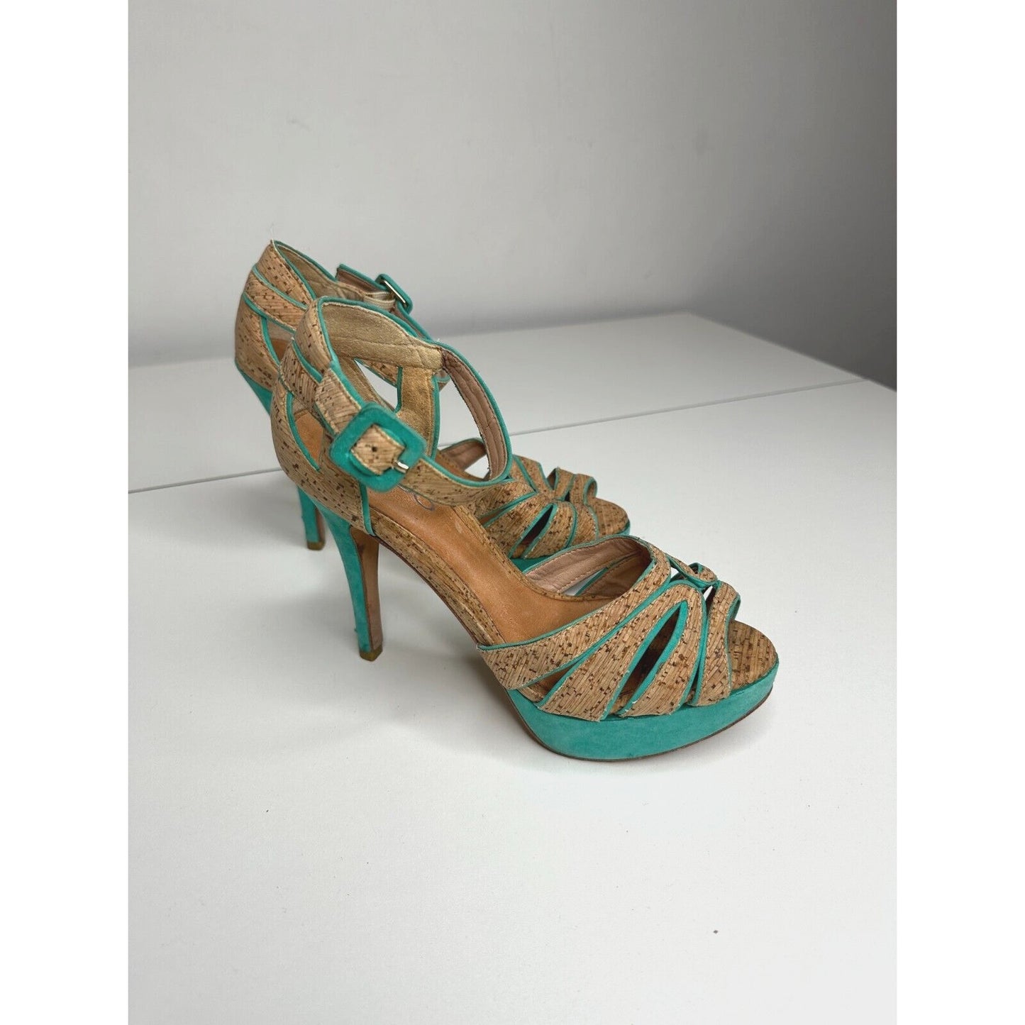 Aldo Platform Turquoise Suede & Tan Cork Stiletto Heel Ankle Strap Sandal 5.5