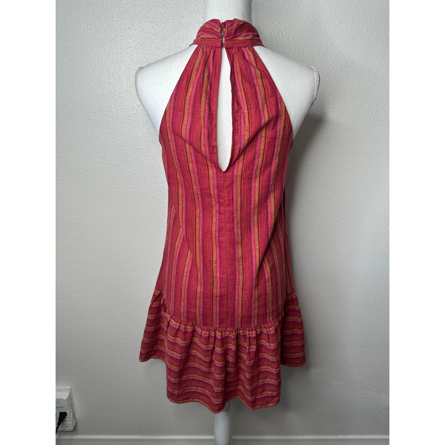 BCBG Generation Halter Mini Dress XS Pink Striped Sleeveless Flowy Ruffle Hem