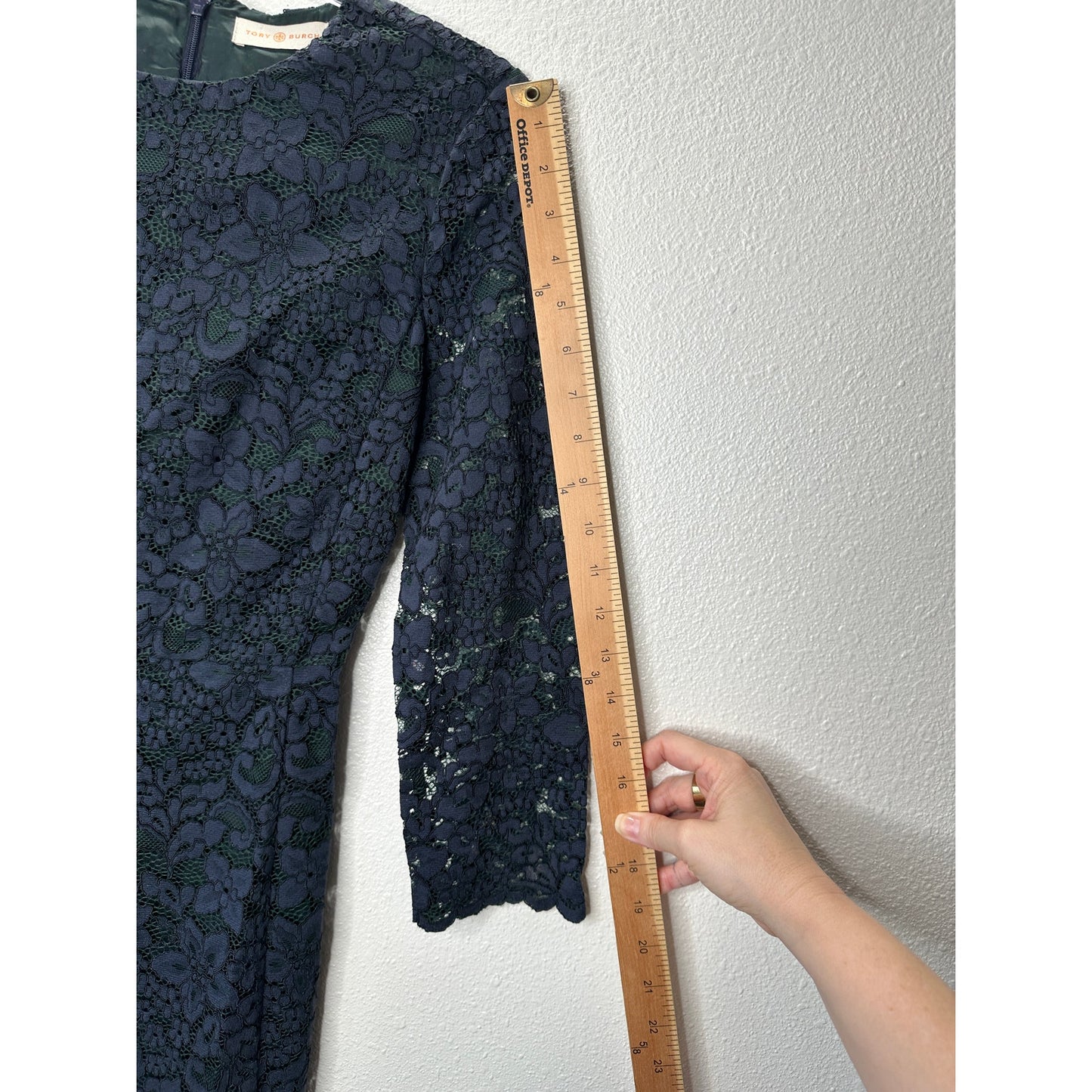 Tory Burch Black Lace with Green Contrast Underlay Jewel Neckline Dress 2