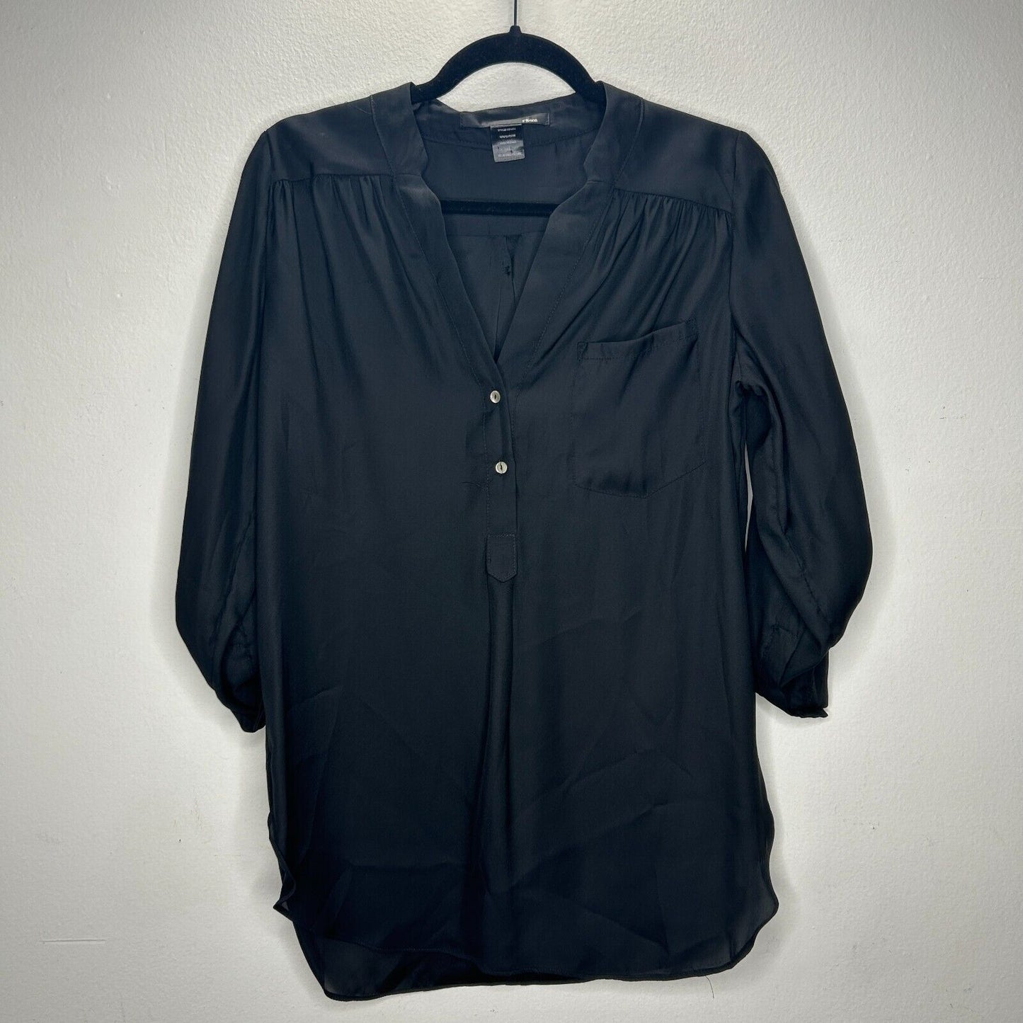 Ellison Black Satin V-Neck Front Button with Pockets Long Sleeve Blouse S