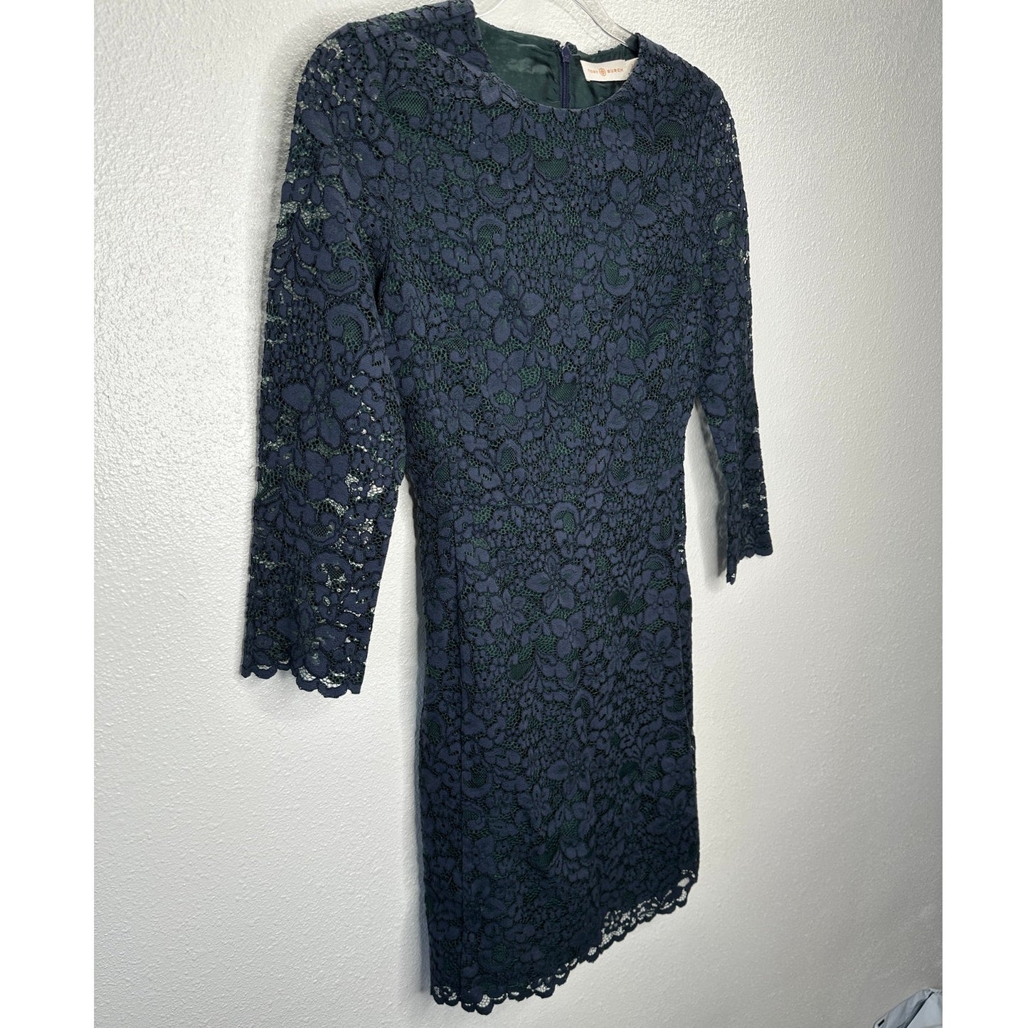 Tory Burch Black Lace with Green Contrast Underlay Jewel Neckline Dress 2